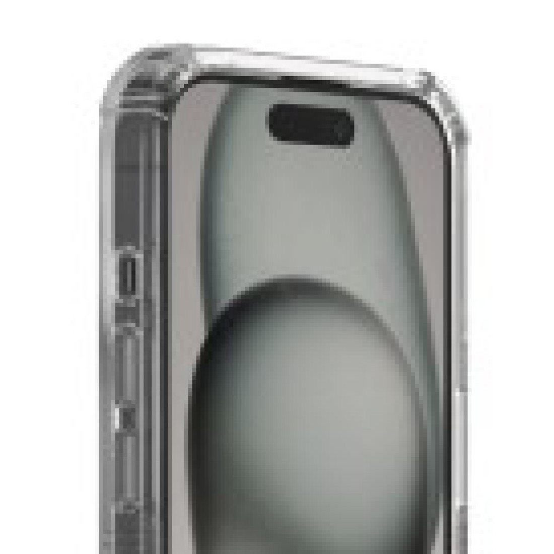 Eine transparente Handyhülle auf weißem Hintergrund. Der Telefonbildschirm ist sichtbar.