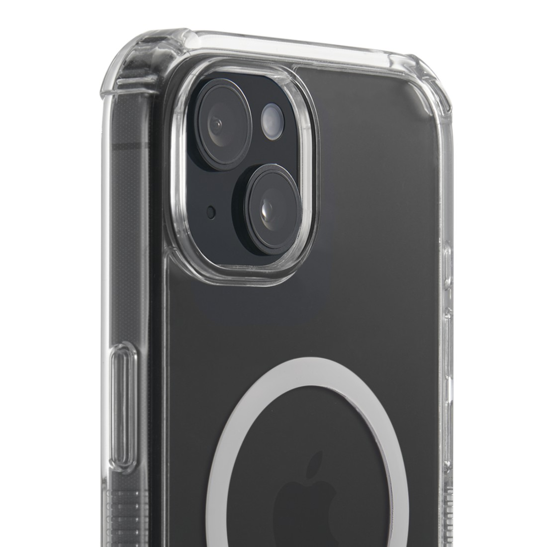Nahaufnahme eines Telefons mit durchsichtiger Hülle. Zwei Kameras sind sichtbar. Apple-Logo auf dem Telefon.
