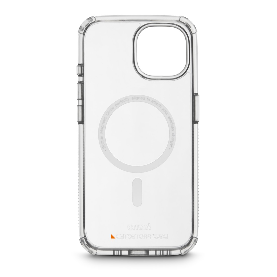 Transparente Handyhülle mit kreisförmigem Magnetbereich und Logo.