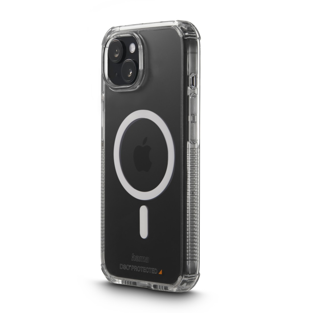 Transparente Handyhülle mit MagSafe-Kreis und schwarzem Kameraausschnitt. Der Markenname ist sichtbar.