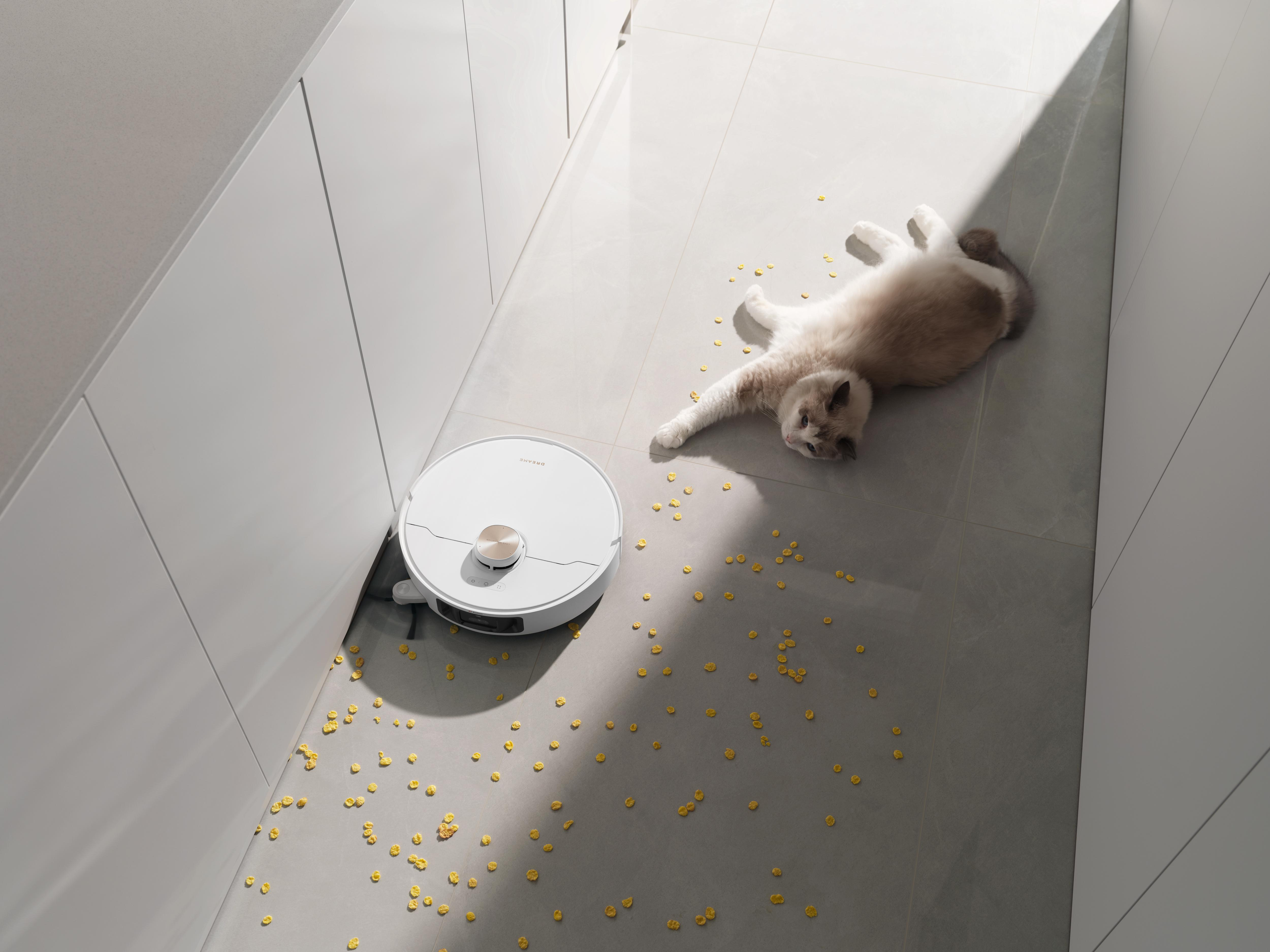 Ein weißer Roboterstaubsauger und eine Katze befinden sich auf einem gefliesten Boden mit verstreuten gelben Getreideflocken.