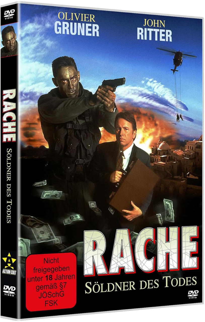 DVD-Cover des Films 'Rache' mit zwei Männern, einer zielt mit einer Waffe, und Geld fällt. Ein Hubschrauber im Hintergrund.