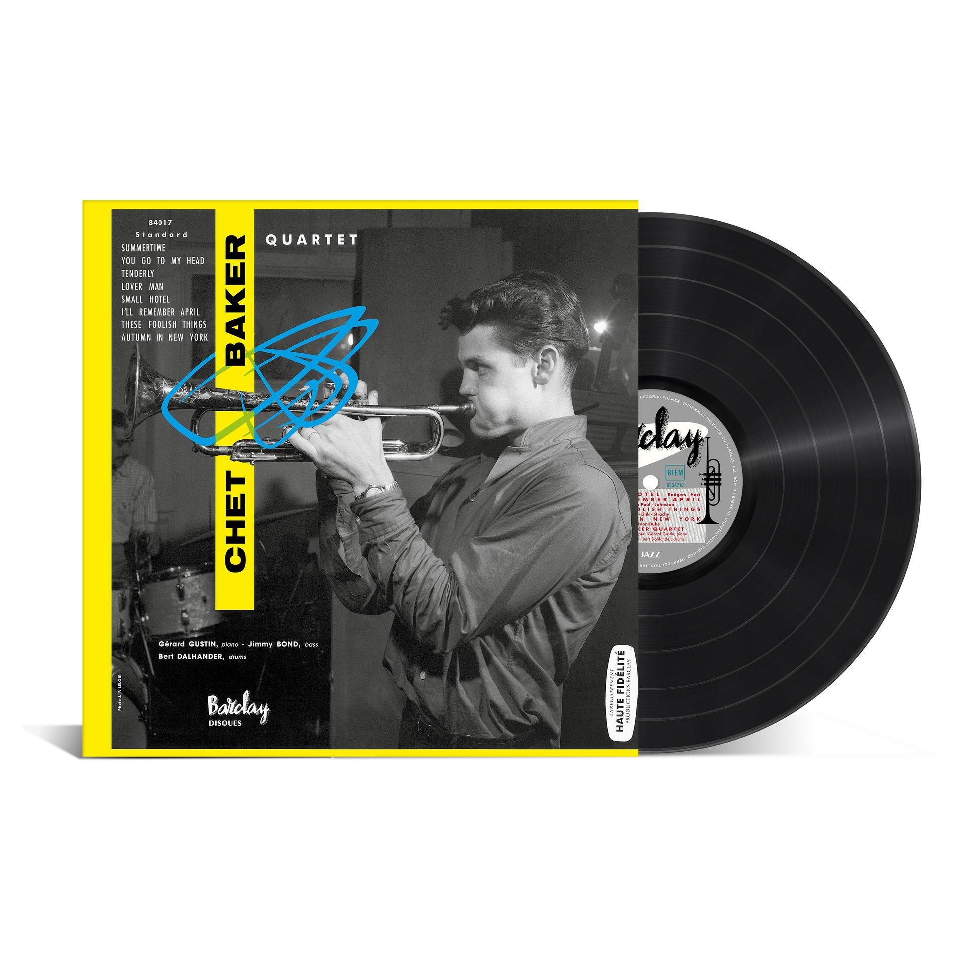 Vinylplatte mit gelb-schwarzem Albumcover mit Chet Baker am Trompete spielend.