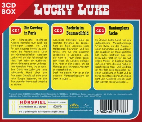 Ein Comic-Cover mit drei Panels, die Lucky Luke-Geschichten zeigen.