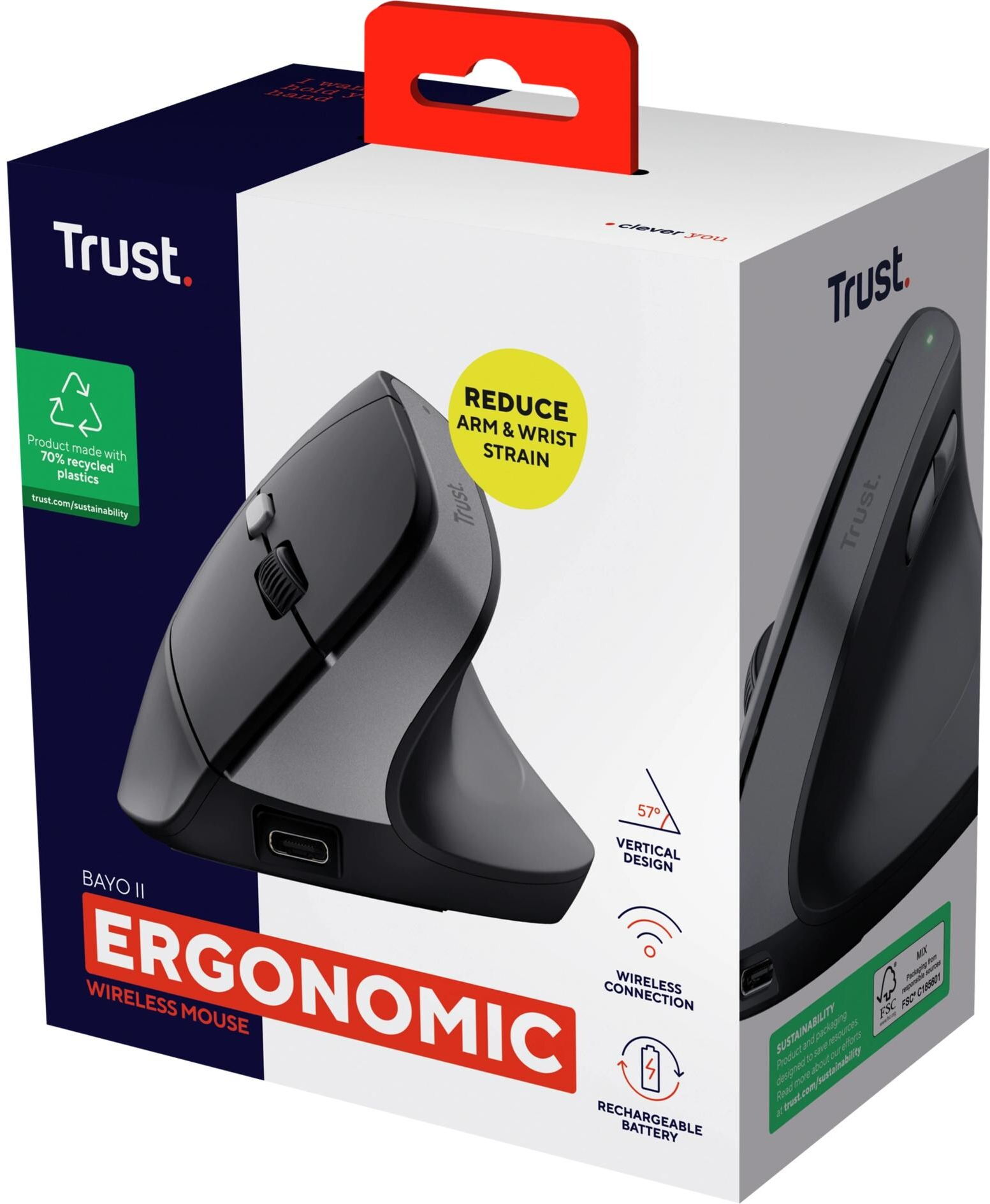 TRUST Bayo II Wireless Mouse ergonomico, Senza fili, cablato, 2400 dpi, Ottica con LED, Nero