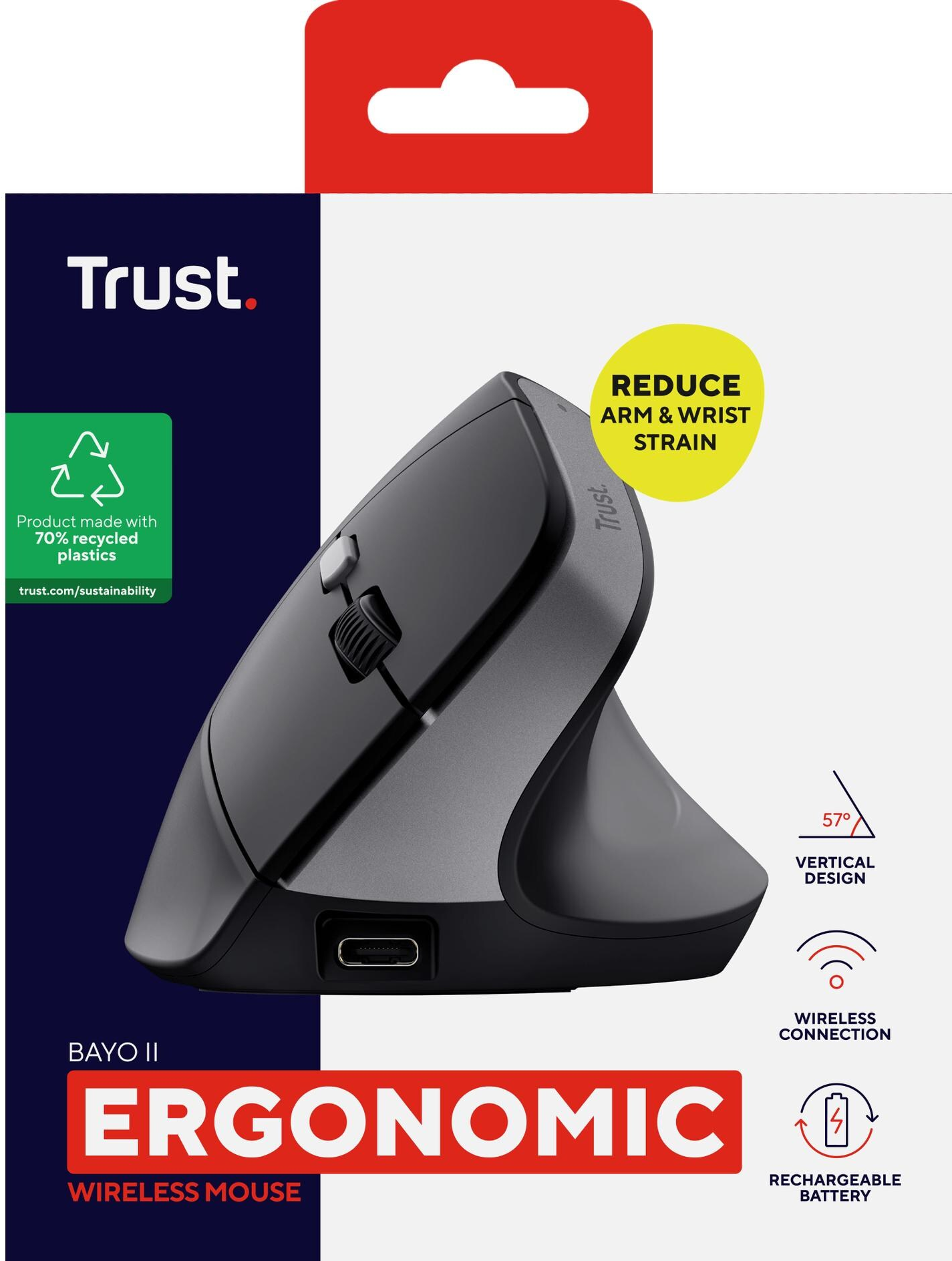 TRUST Bayo II Wireless Mouse ergonomico, Senza fili, cablato, 2400 dpi, Ottica con LED, Nero