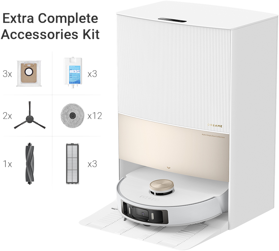 Een witte en gouden robotstofzuiger met accessoires. De achtergrond is wit.