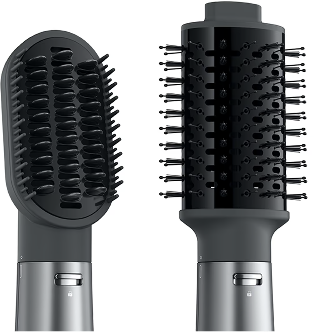 Deux accessoires de coiffure. L'un est une brosse, l'autre une brosse rotative.