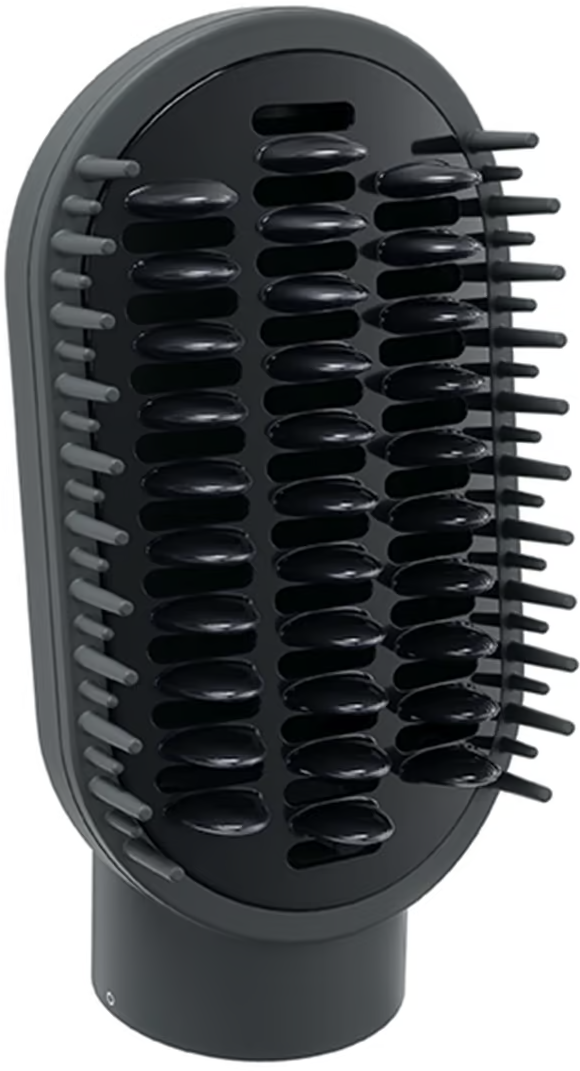 Une tête de brosse à cheveux gris foncé avec de nombreuses soies noires, pour le coiffage.
