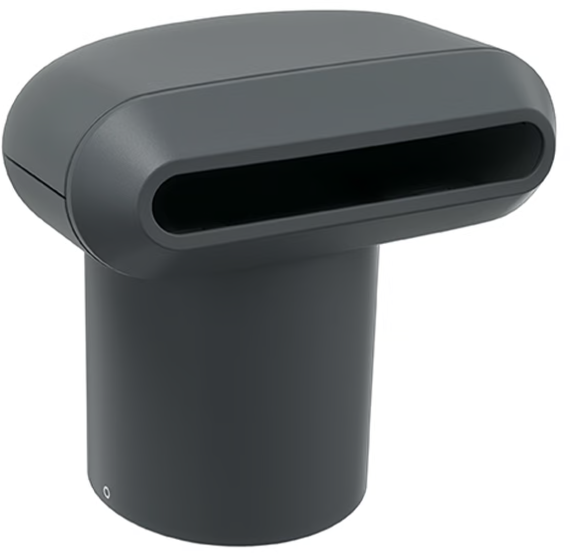Event gris foncé avec ouverture ovale sur le dessus et base cylindrique.