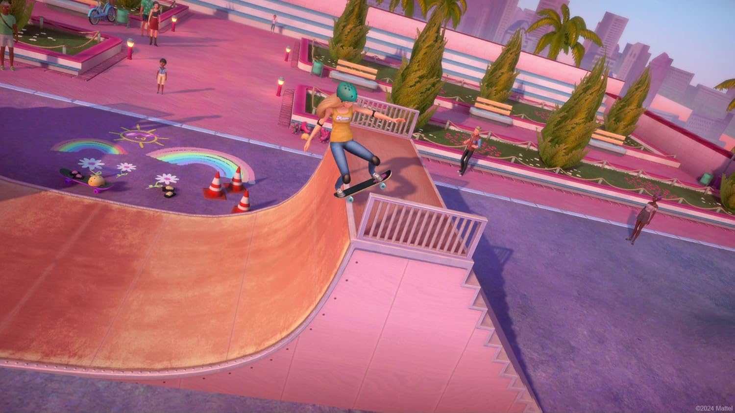 Imagen de dibujos animados de una chica patinando en una rampa rosa en un parque de la ciudad.