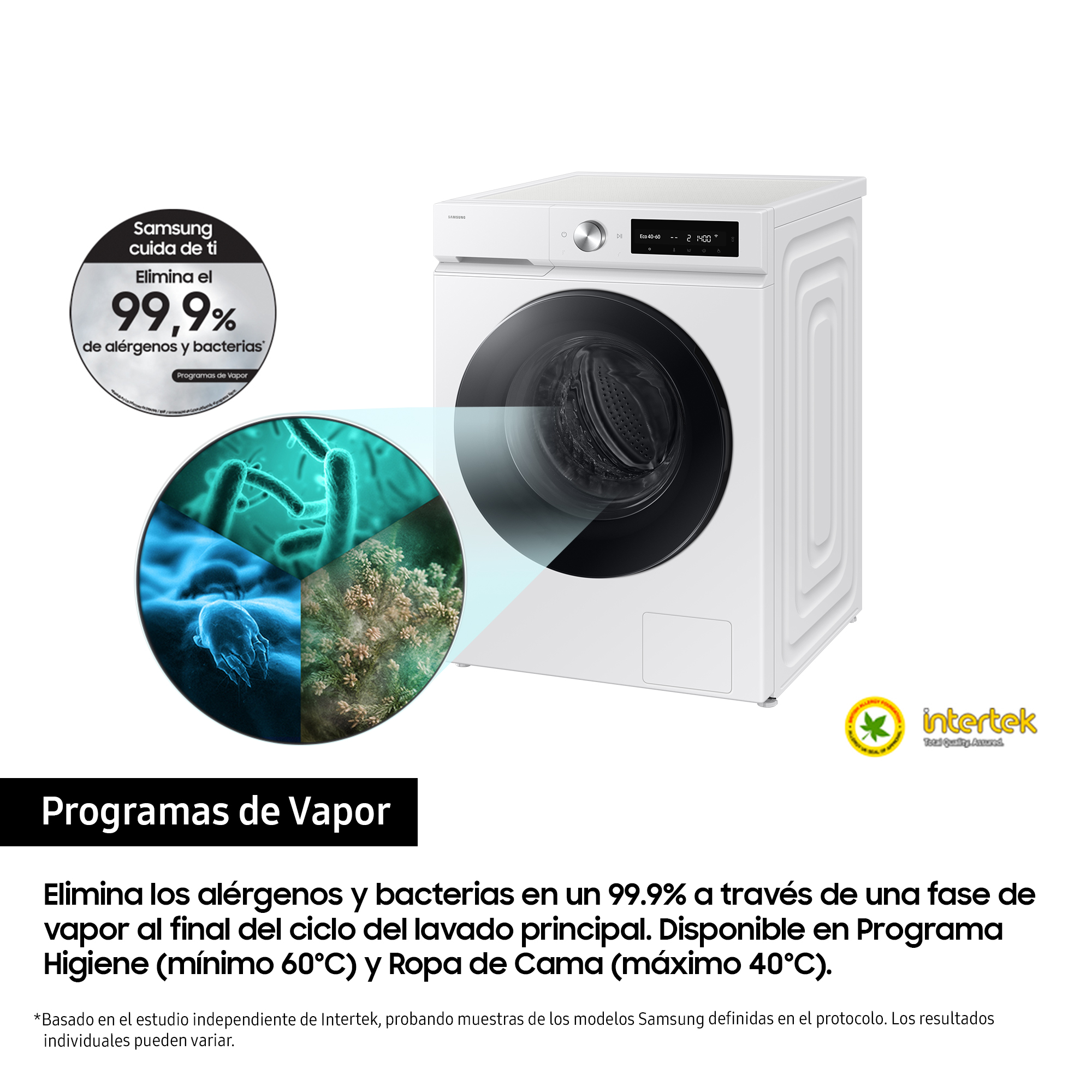 Lavadora Samsung blanca, con un gráfico que muestra la limpieza a vapor y detalles de eliminación de bacterias.