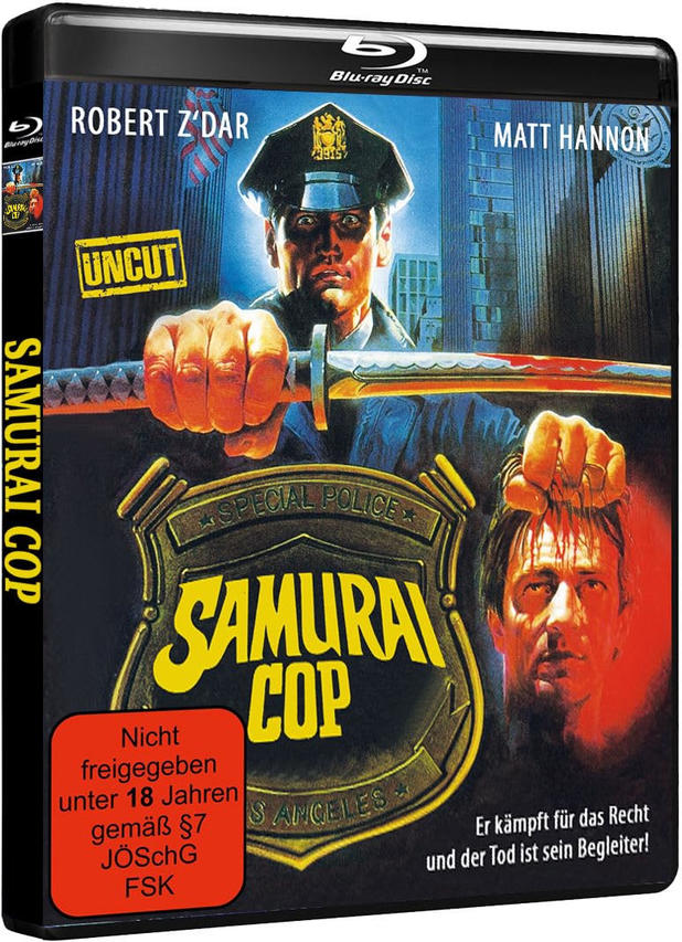 DVD-Cover des Films 'Samurai Cop' mit zwei Männern und einem Schwert, roter Warnhinweis unten.