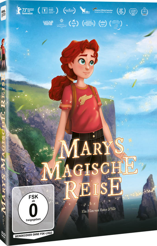 Ein Film-DVD-Cover. Es zeigt ein Mädchen mit roten Haaren, den Titel 'Marys Magische Reise' und einen blauen Himmel.