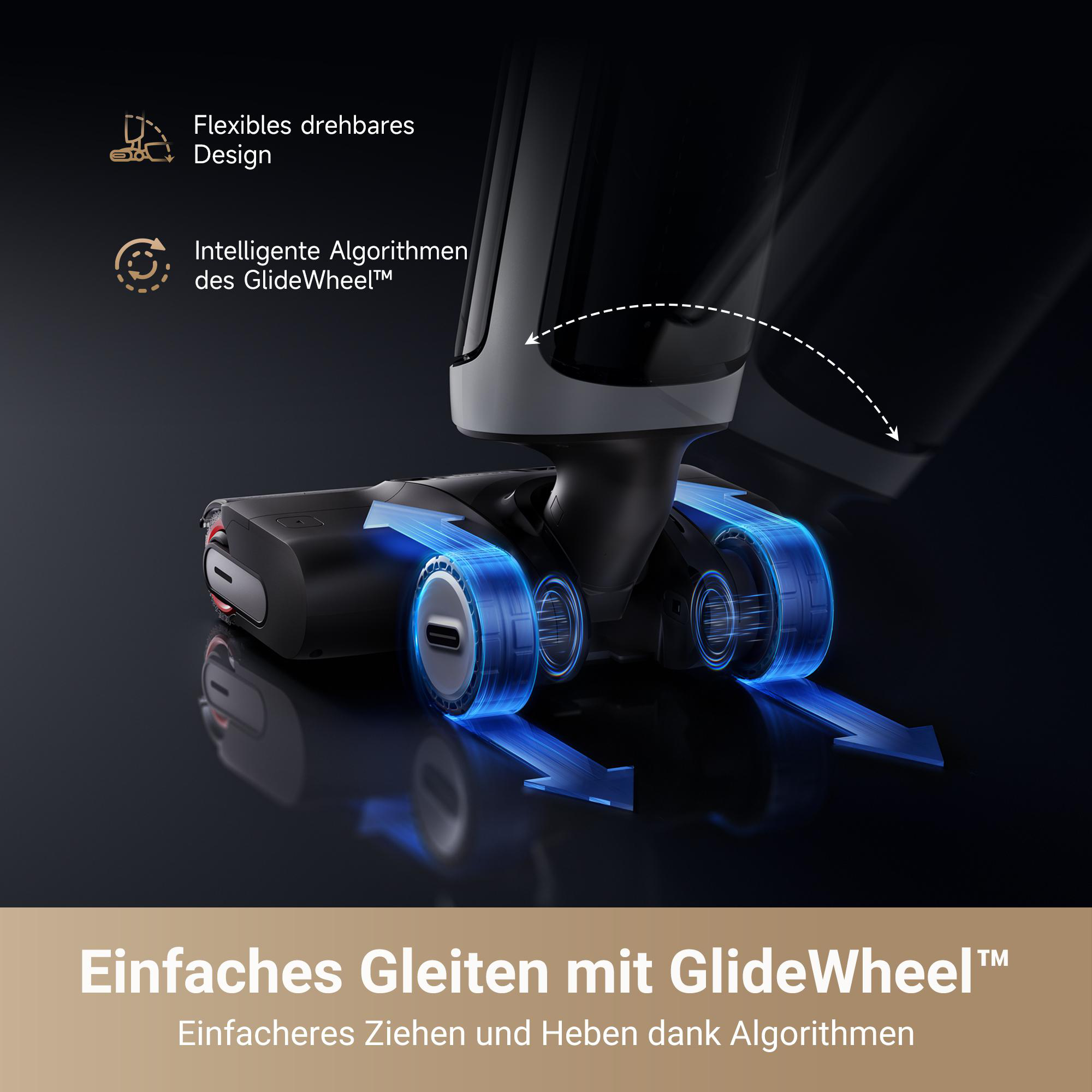 Nahaufnahme eines schwarzen Staubsaugerkopfes mit blauen Lichteffekten, mit Text.