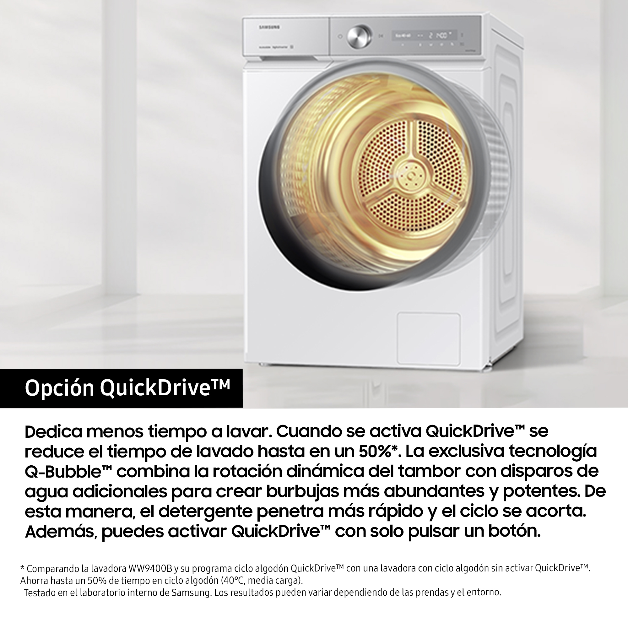 Una lavadora abierta, con texto sobre QuickDrive. El tambor es visible.