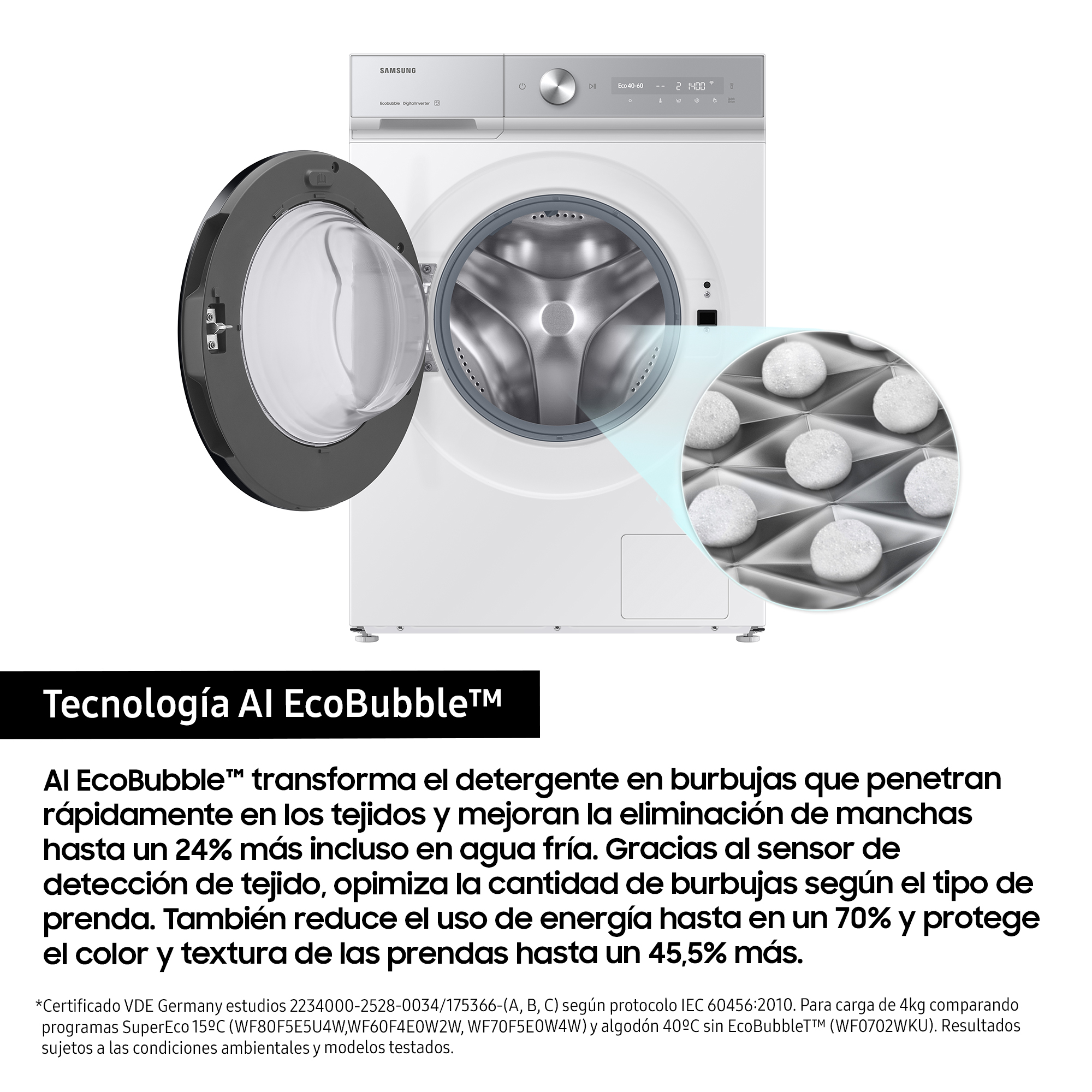 Lavadora, puerta abierta, con primer plano de burbujas de detergente.