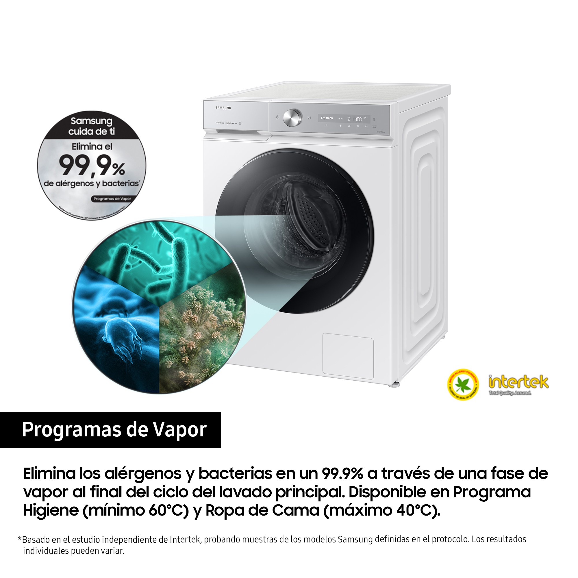 Lavadora blanca con programas de vapor y una infografía.