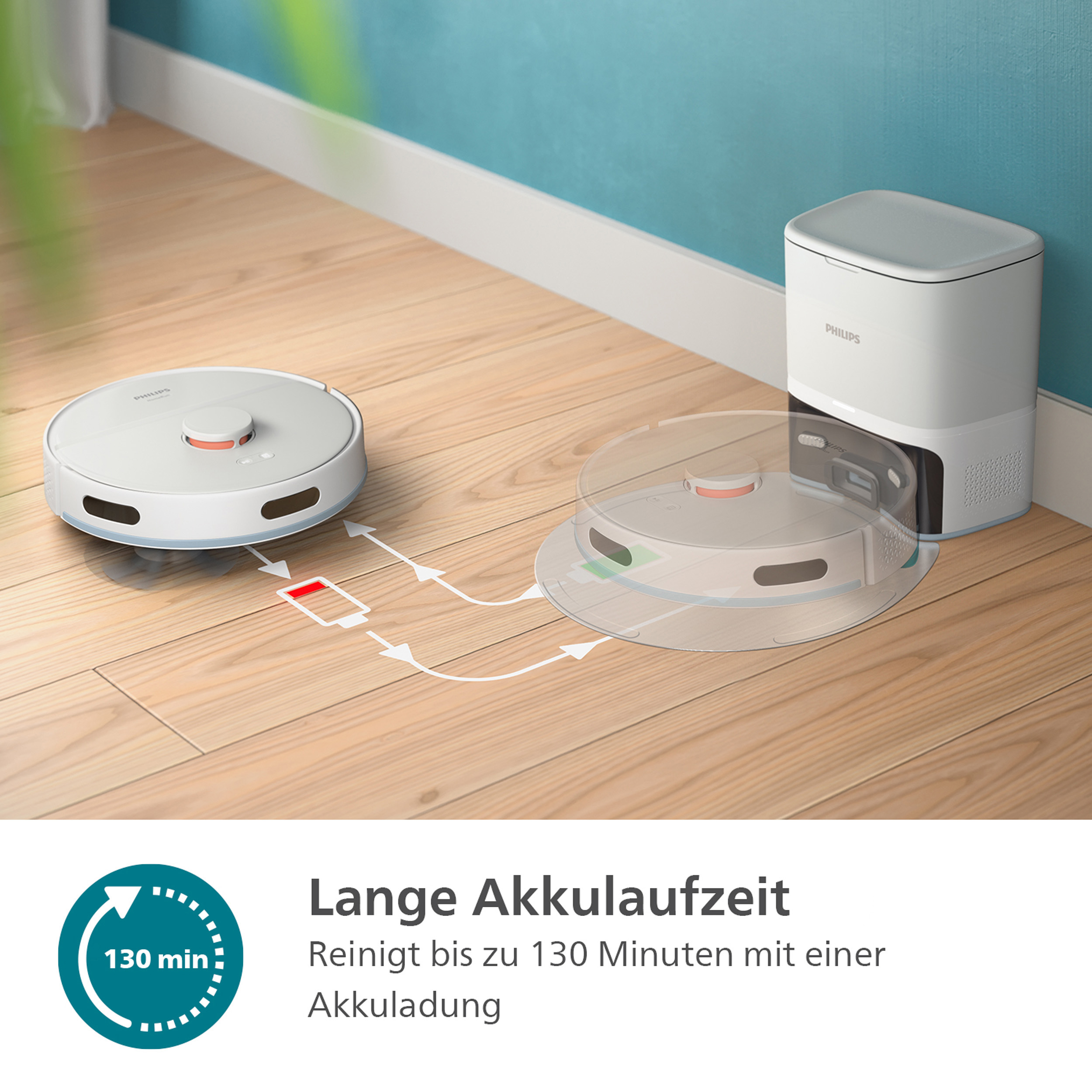 Ein weißer Roboter-Staubsauger und eine Ladestation auf Holz.