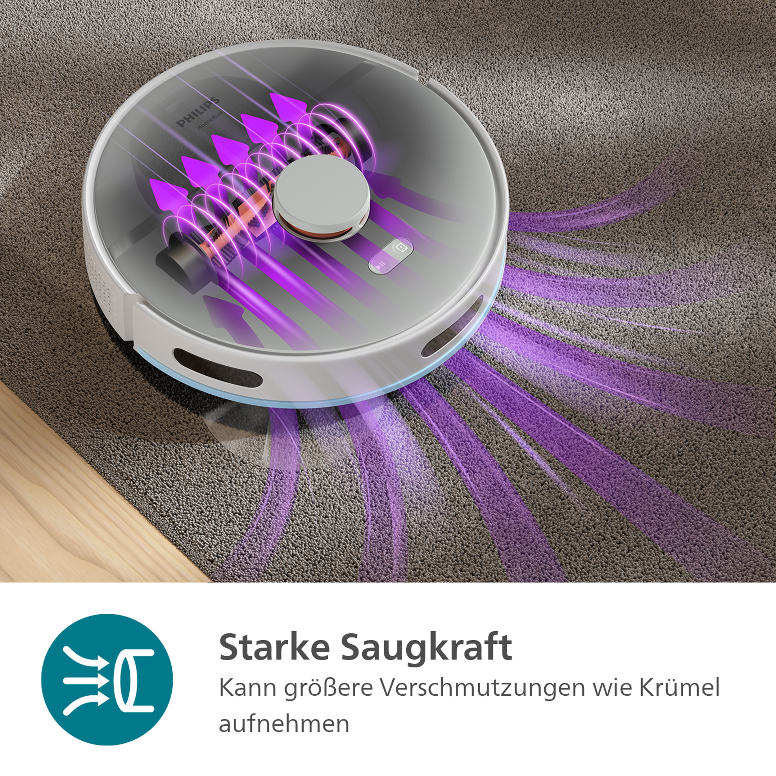 Roboter-Staubsauger auf einem Teppich, mit lila Pfeilen, die Saugwege anzeigen, und Text.