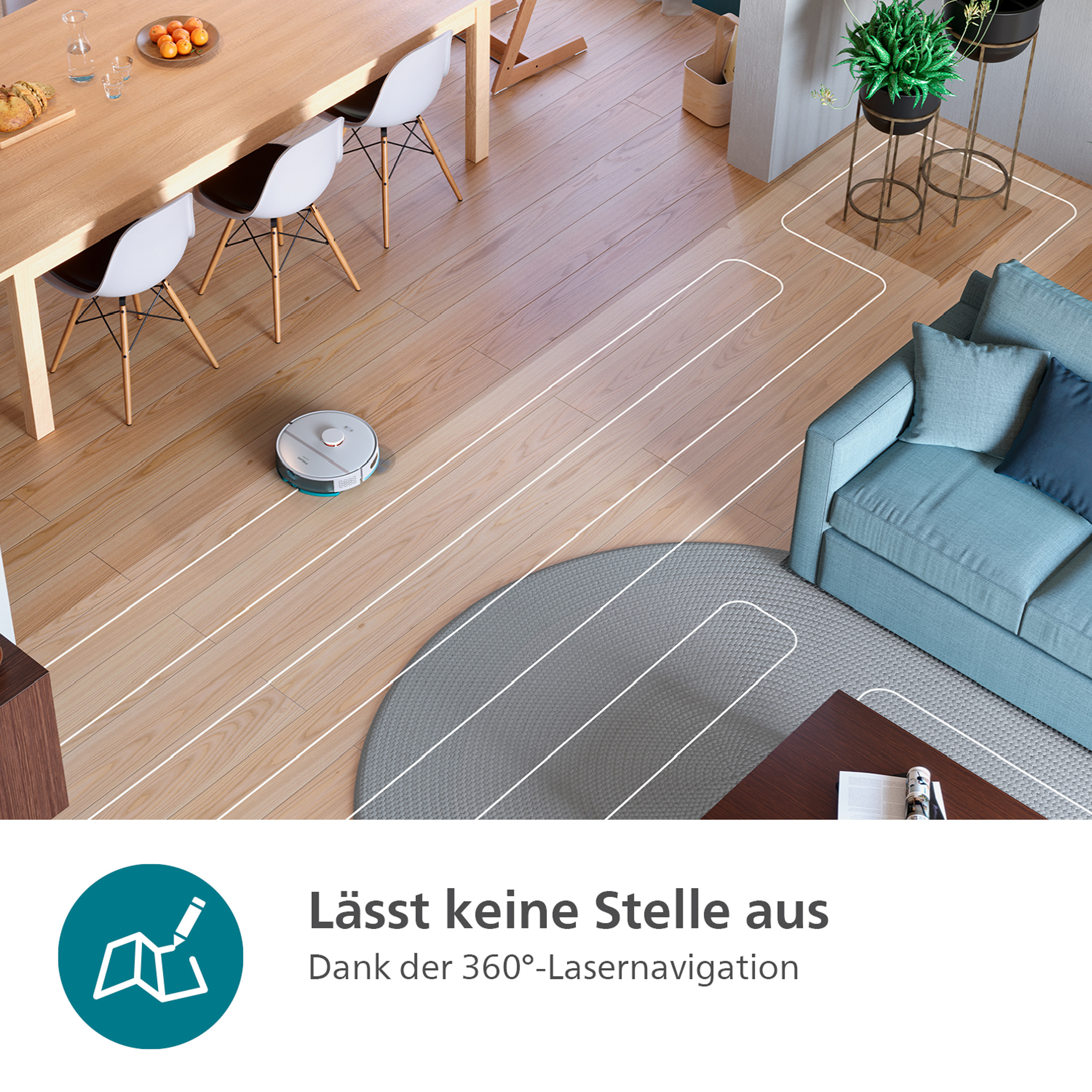 Ein Roboter-Staubsauger reinigt einen Holzboden mit Sofa und Tisch.