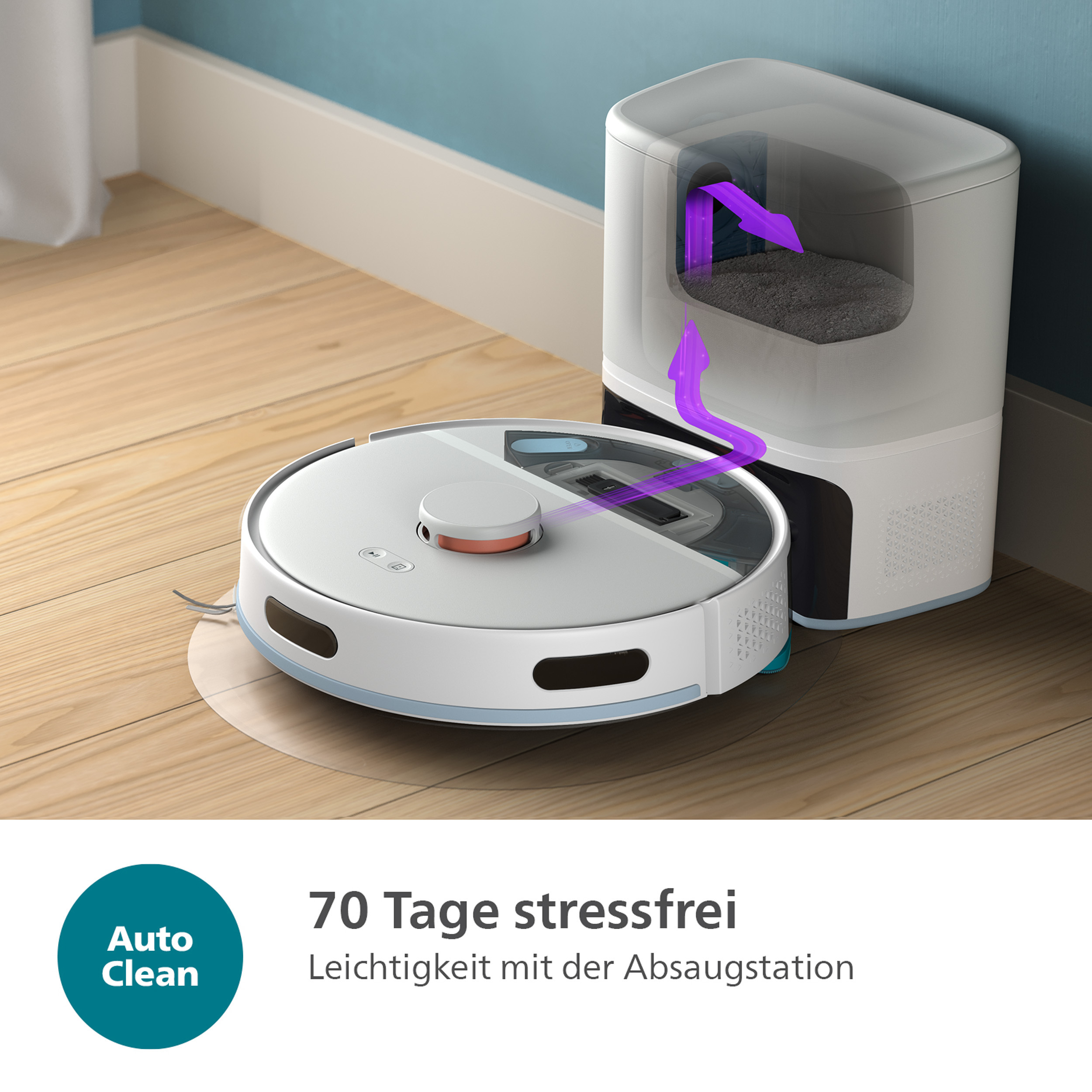 Ein weißer Roboter-Staubsauger und eine Ladestation. Text: 'Auto Clean' und '70 Tage stressfrei'.