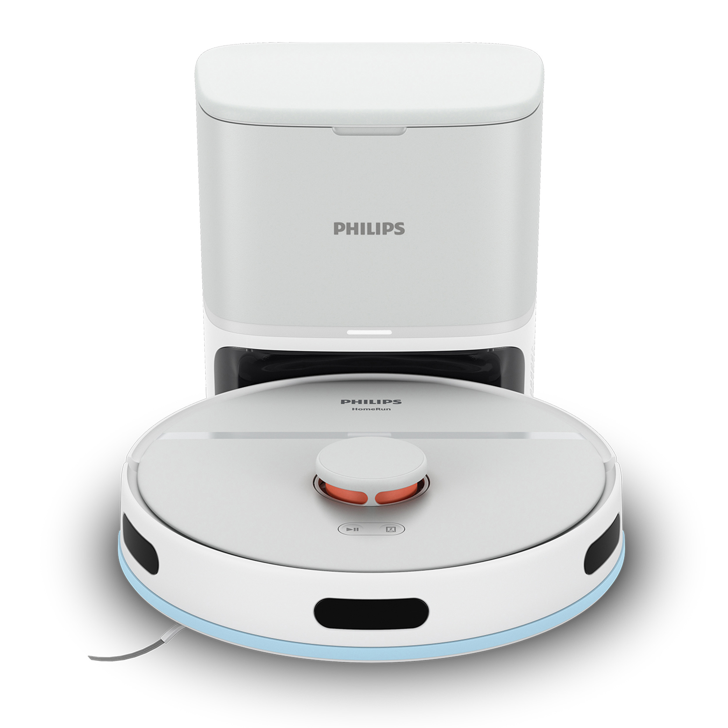 Ein weiß-blauer Philips-Roboter-Staubsauger und seine Lade-/Aufbewahrungsstation.