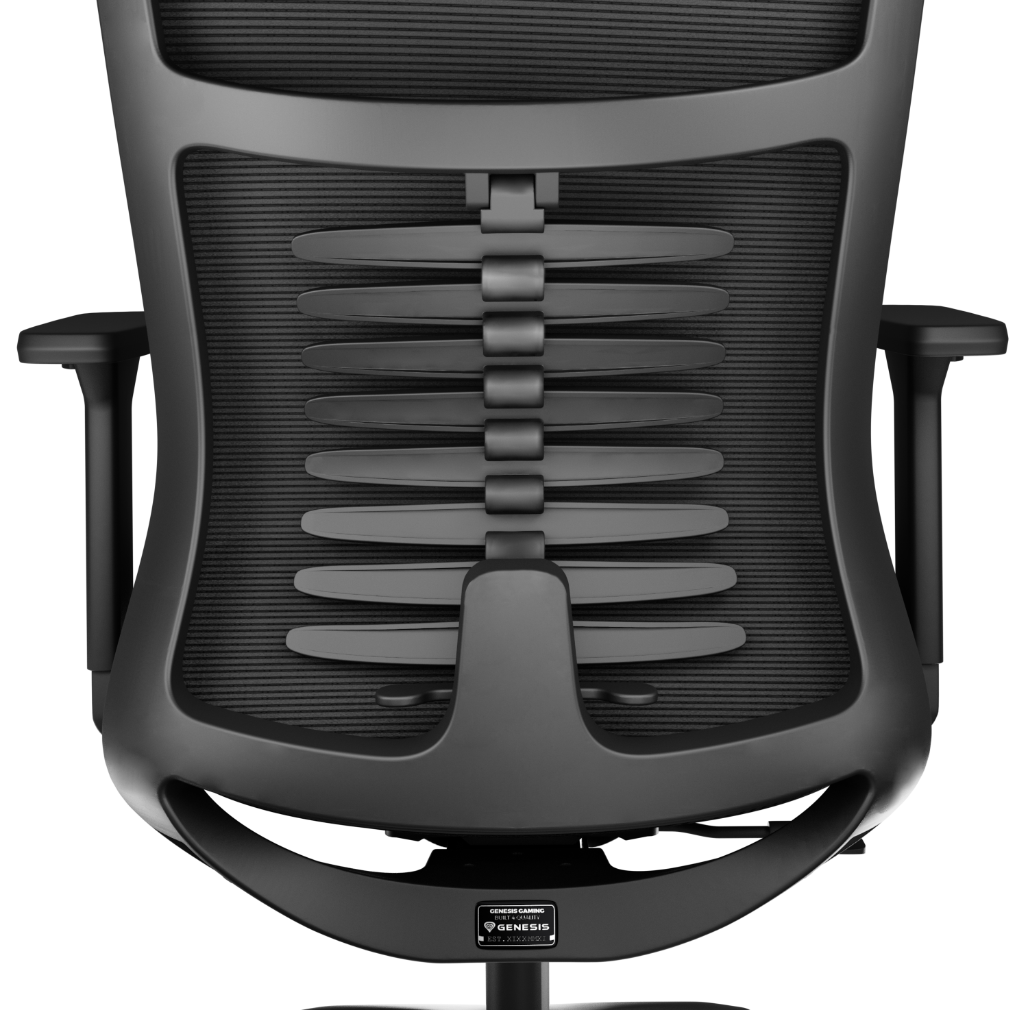 Fekete ergonomikus irodai szék, hátulnézet, hálós háttámlával és állítható funkciókkal.