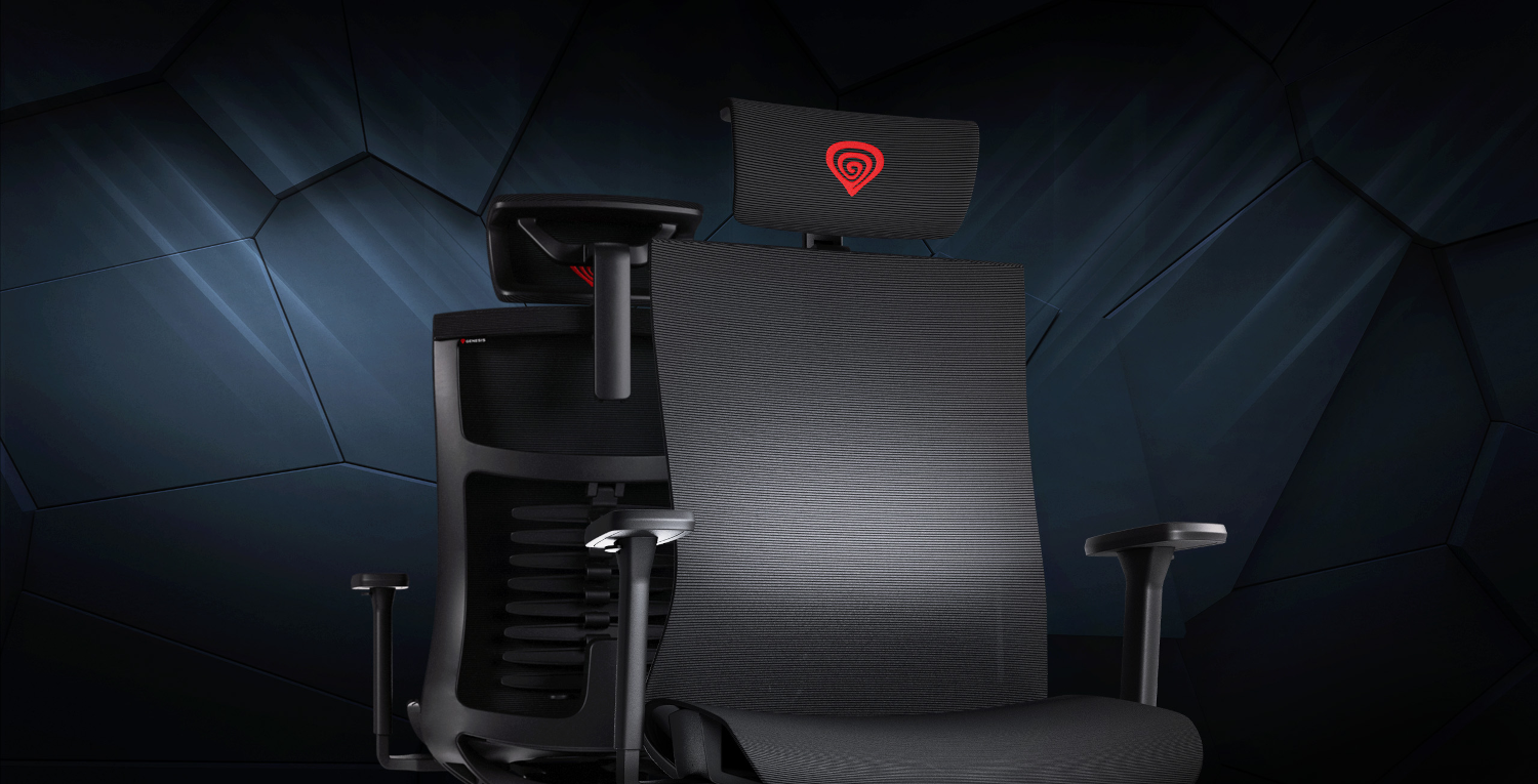 Ergonomikus gamer szék sötét háttéren. Fekete hálós hátlap és piros logó a fejtámlán.