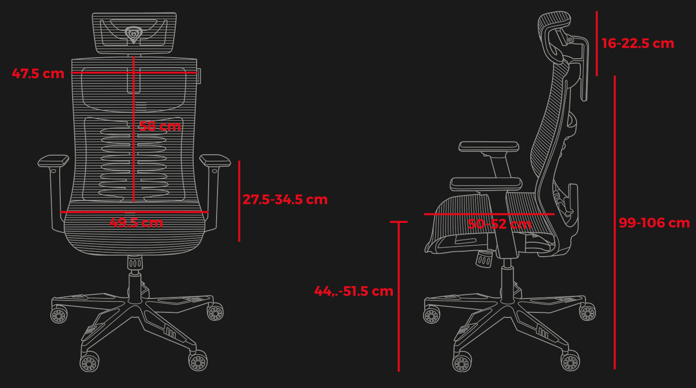 Irodai szék diagramja, méretekkel. Fekete háttér, fehér vonalak.