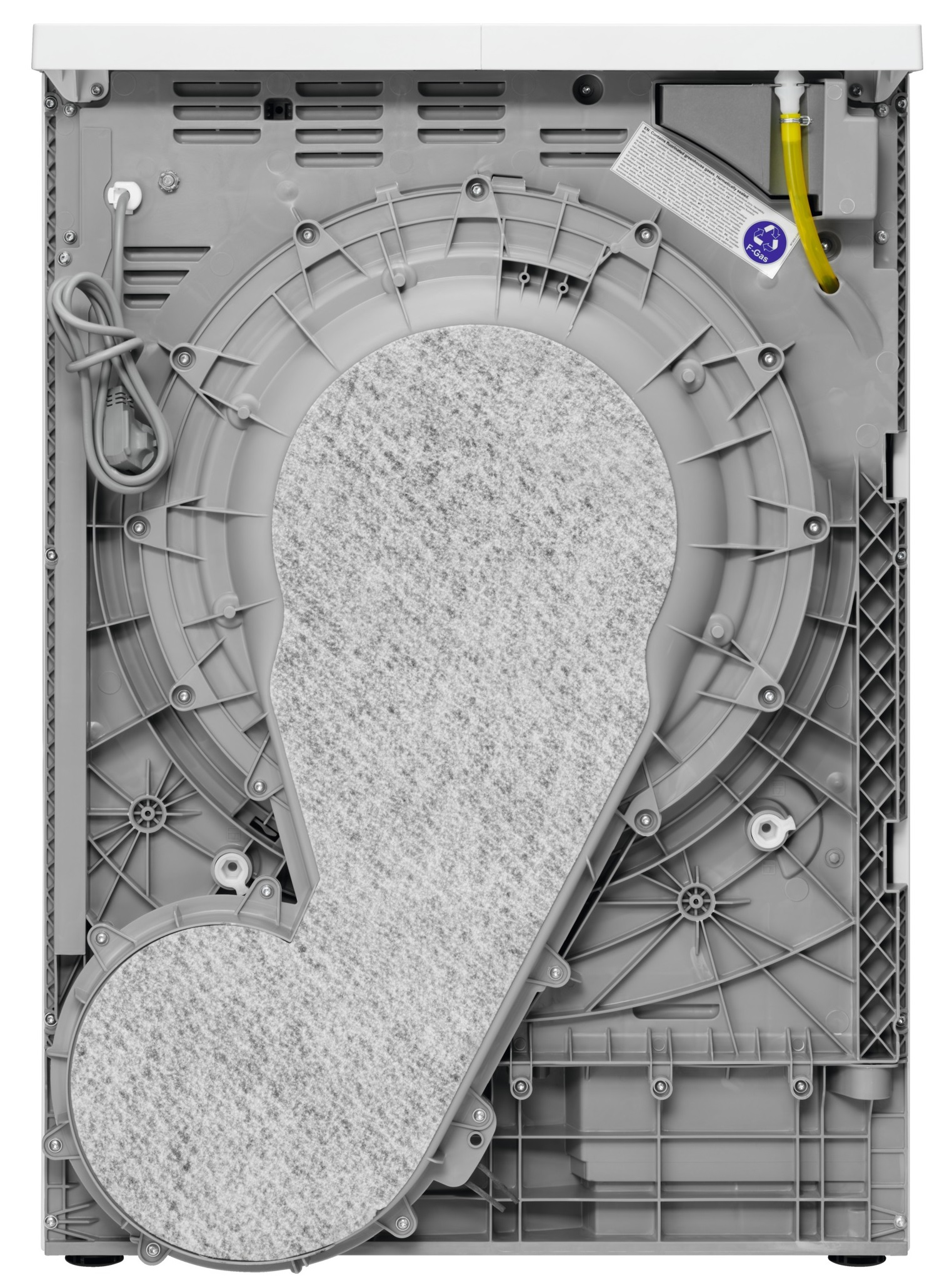 Tył szarej pralki, pokazujący elementy wewnętrzne.