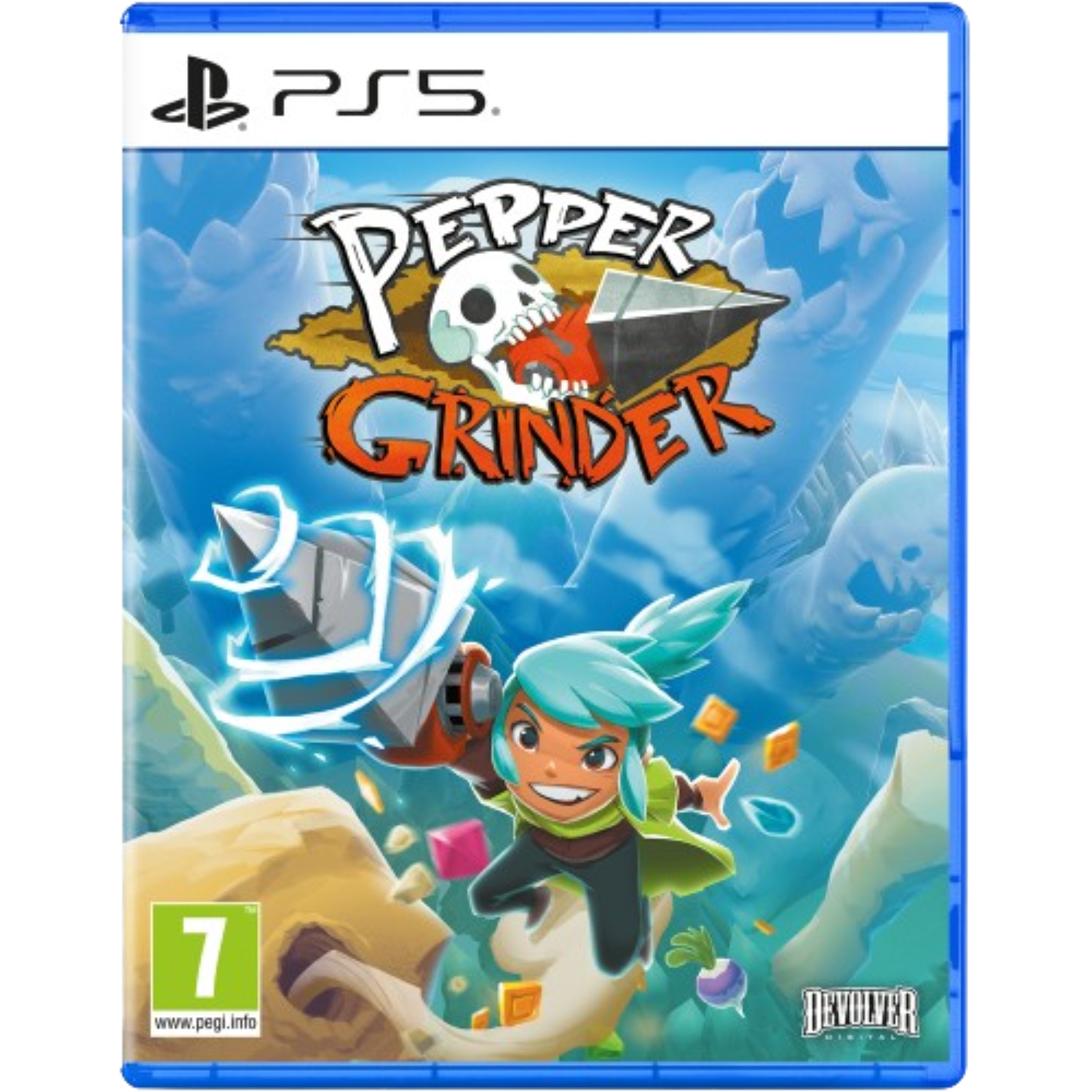 Videogame cover. Titel 'Pepper Grinder'. Een cartoon karakter en een schedel worden getoond.