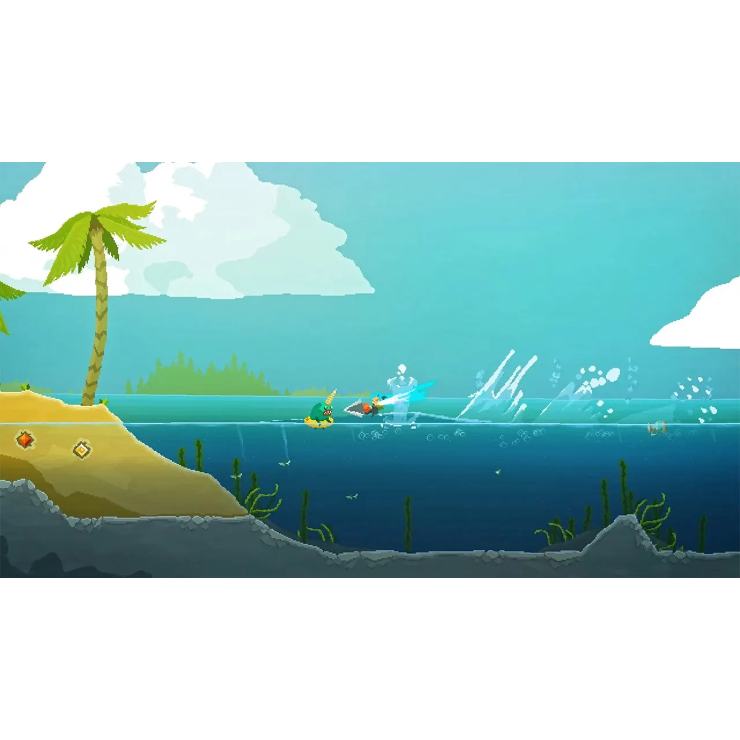 Een gepixeleerde videogame-scène toont een groen wezen in water met een blauwe jet. Een palmboom staat links.