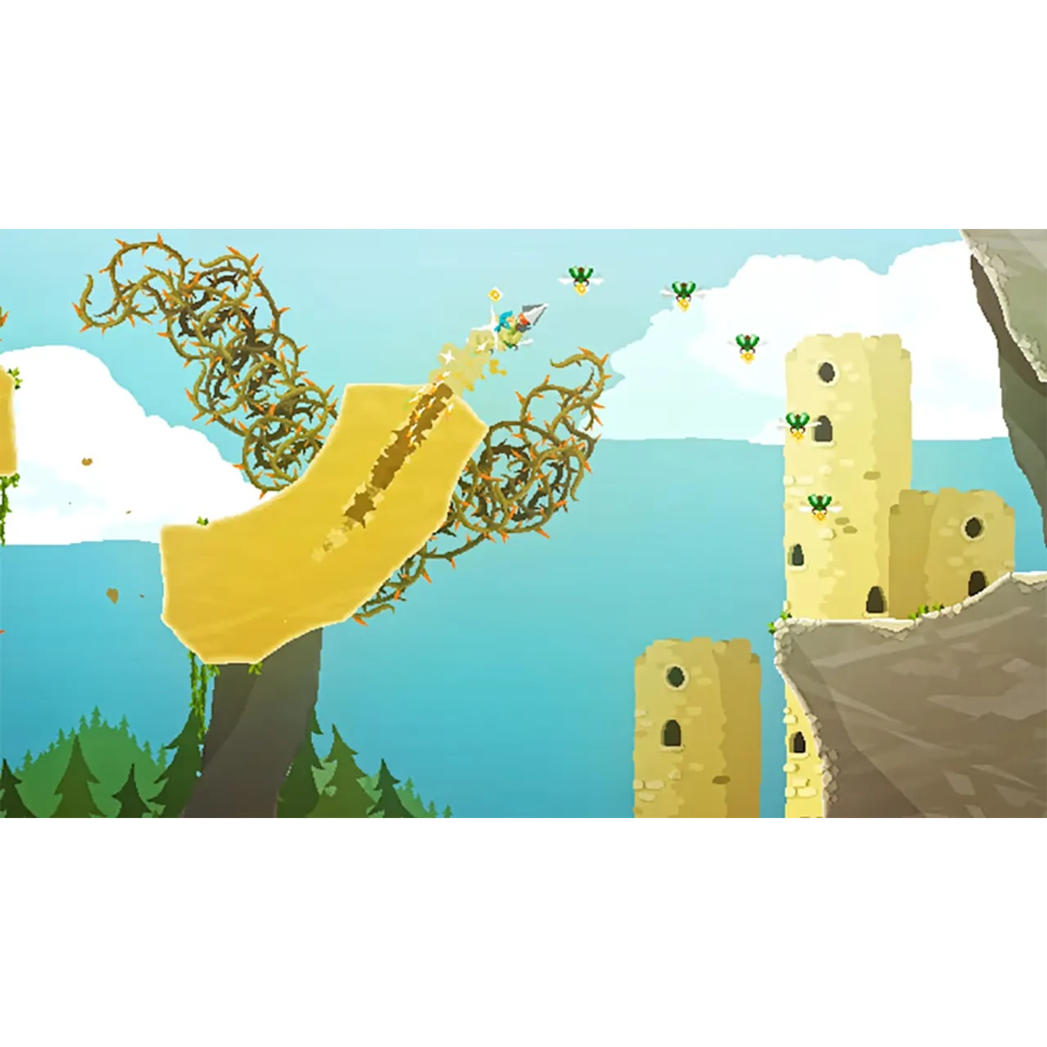 Een videogame scène met een personage dat over platforms springt.
