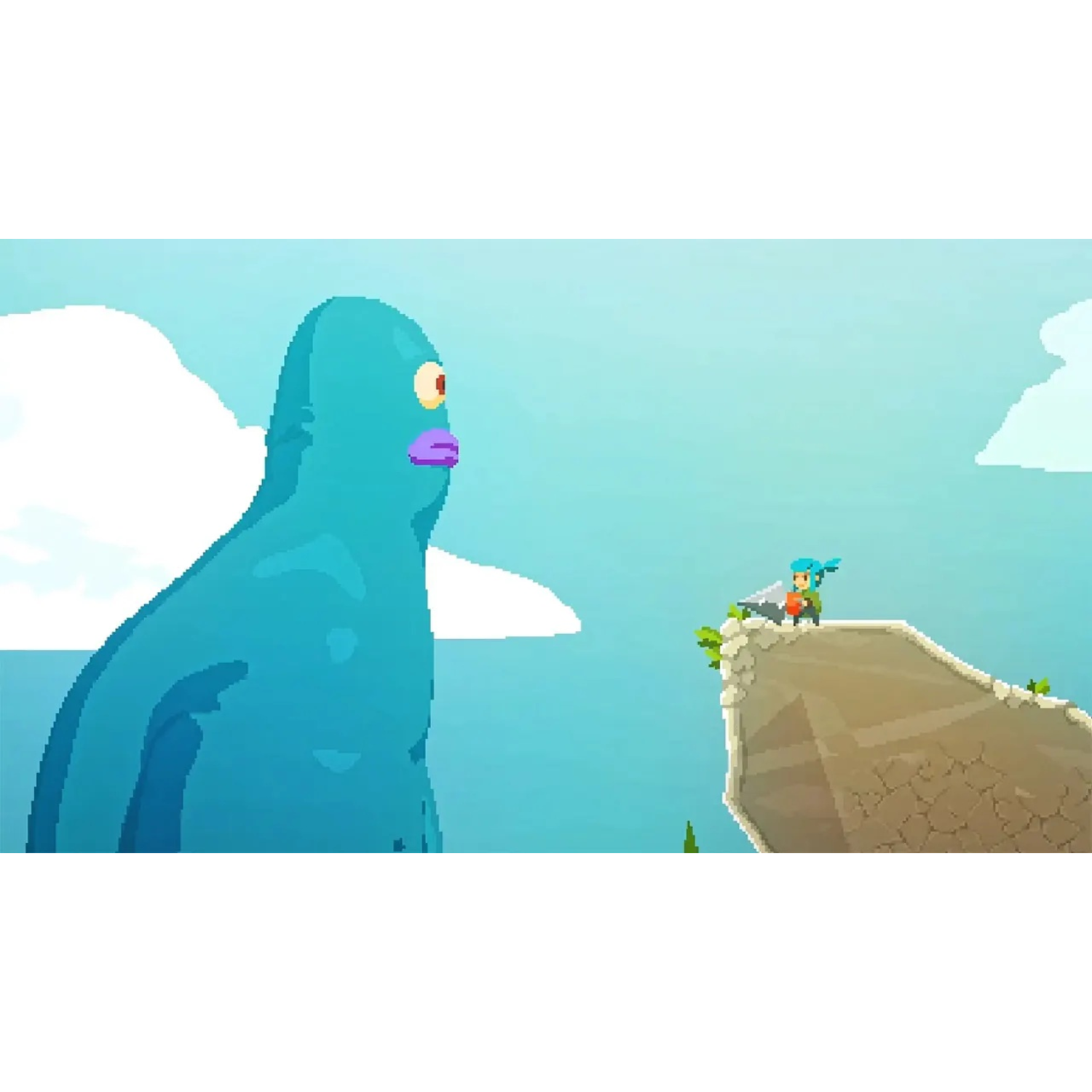 Pixelige game scene: Groot blauw wezen tegenover een kleine figuur op een klif.