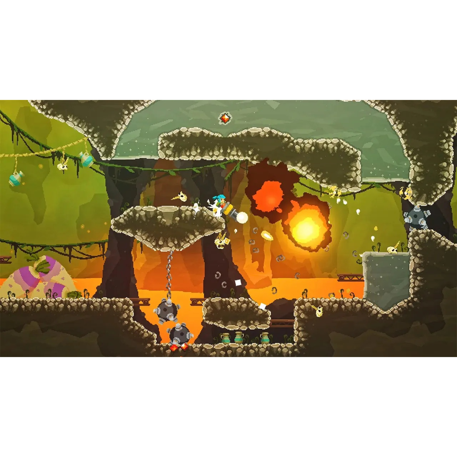 Een spelscène met een rennend personage, explosies en een mijn in een grot.