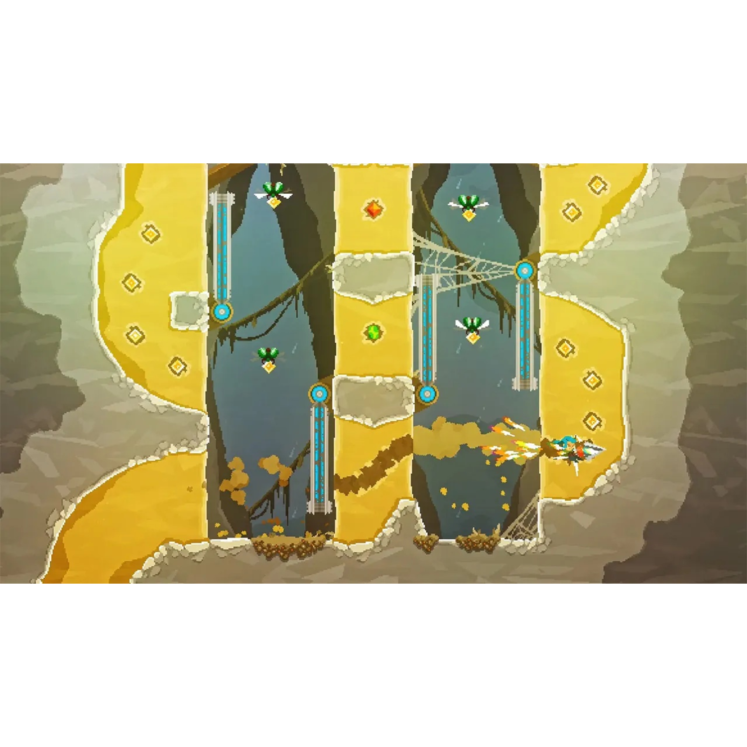 Gepixeld level uit een side-scrolling videogame, met platforms en obstakels in een grot.