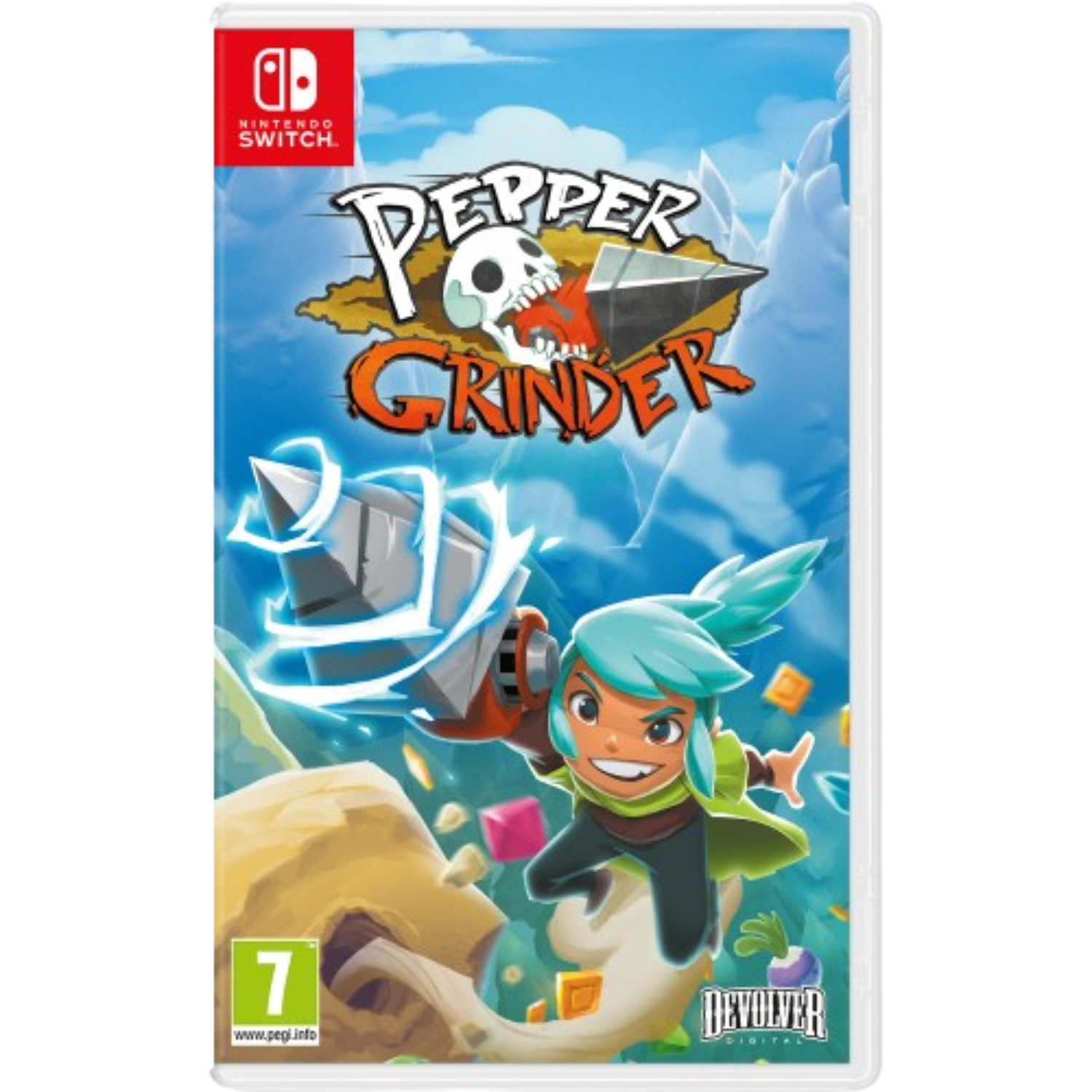 Gamecover voor Nintendo Switch. Een personage boort, met een schedel erboven, in een kleurrijk landschap.