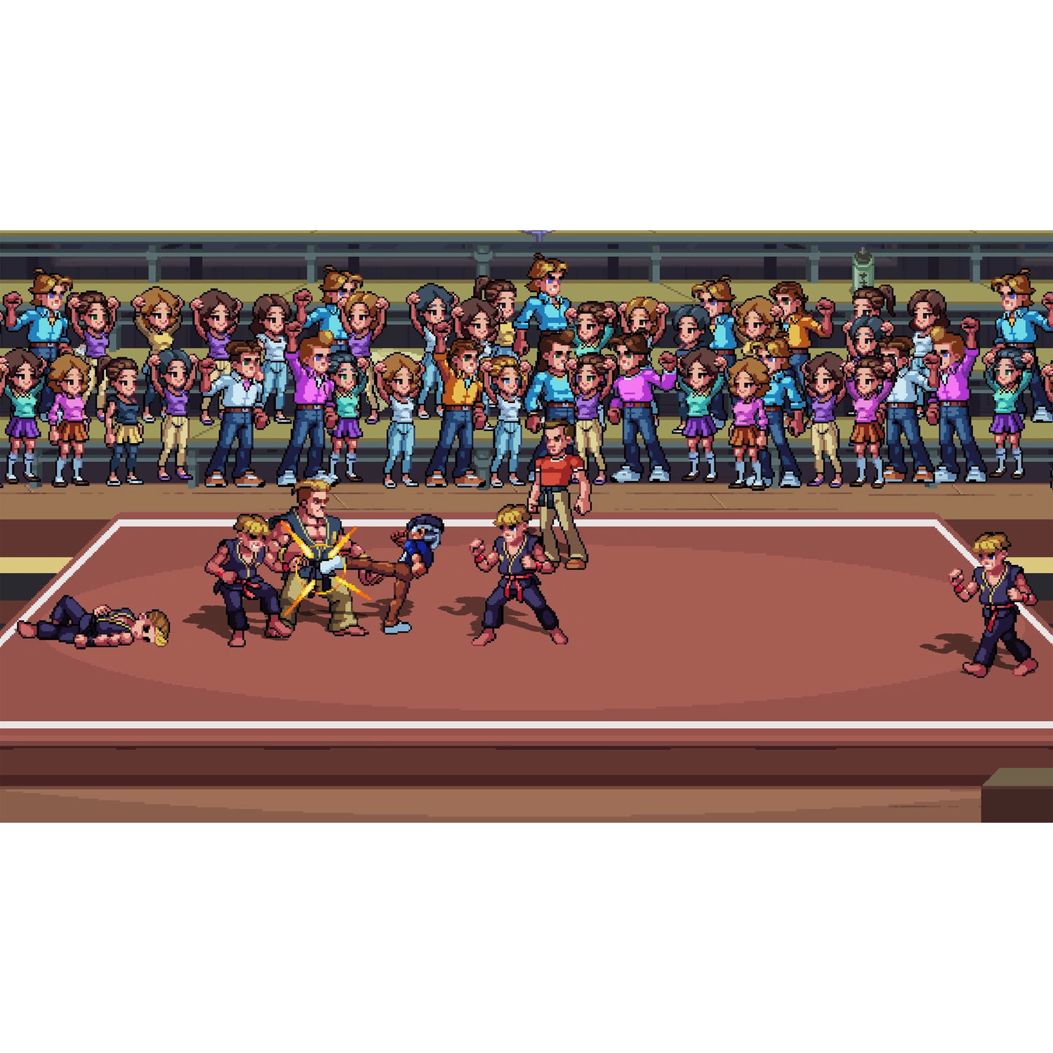 Pixelige game-scene van een vechtwedstrijd met toeschouwers.