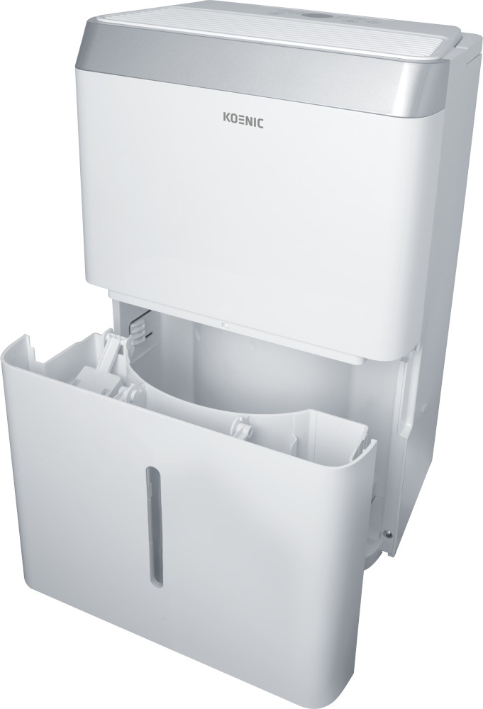 Witte Koenic luchtontvochtiger met de waterbaklade open.