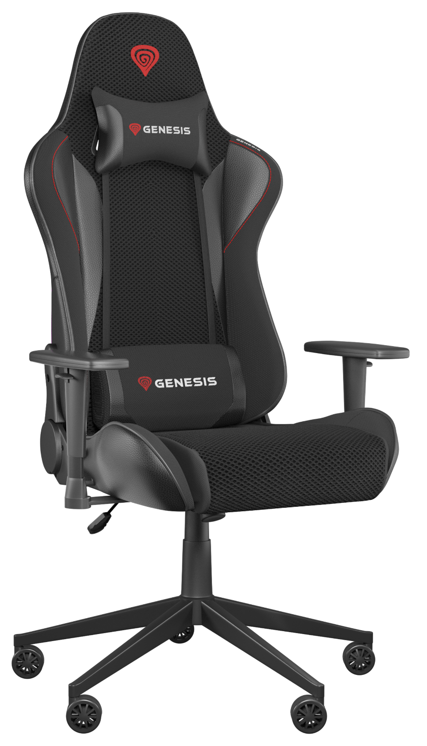 Fekete-piros gamer szék, 'GENESIS' felirattal a fejtámlán és a deréktámaszon.