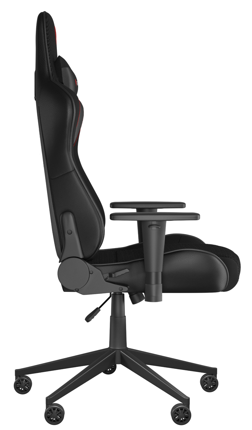 Egy fekete gamer szék profilból. Magas háttámlája és karfái vannak. Az alap fekete.