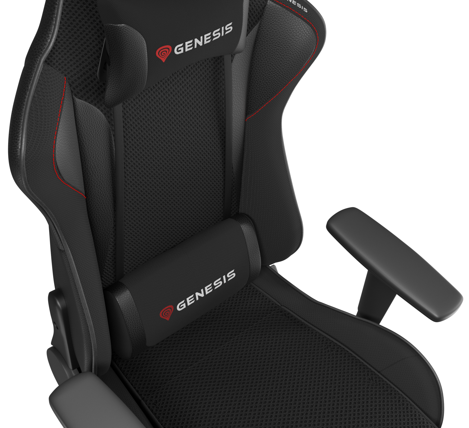Fekete-piros Genesis gamer szék. Fejtámlával, deréktámasszal, kartámaszokkal, sötét háttér előtt.