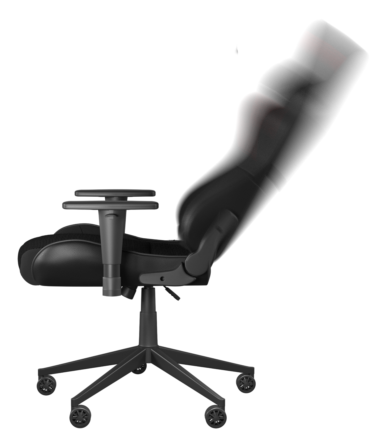 Fekete gamer szék, szögből, fekete háttérrel. Piros háló a háton.