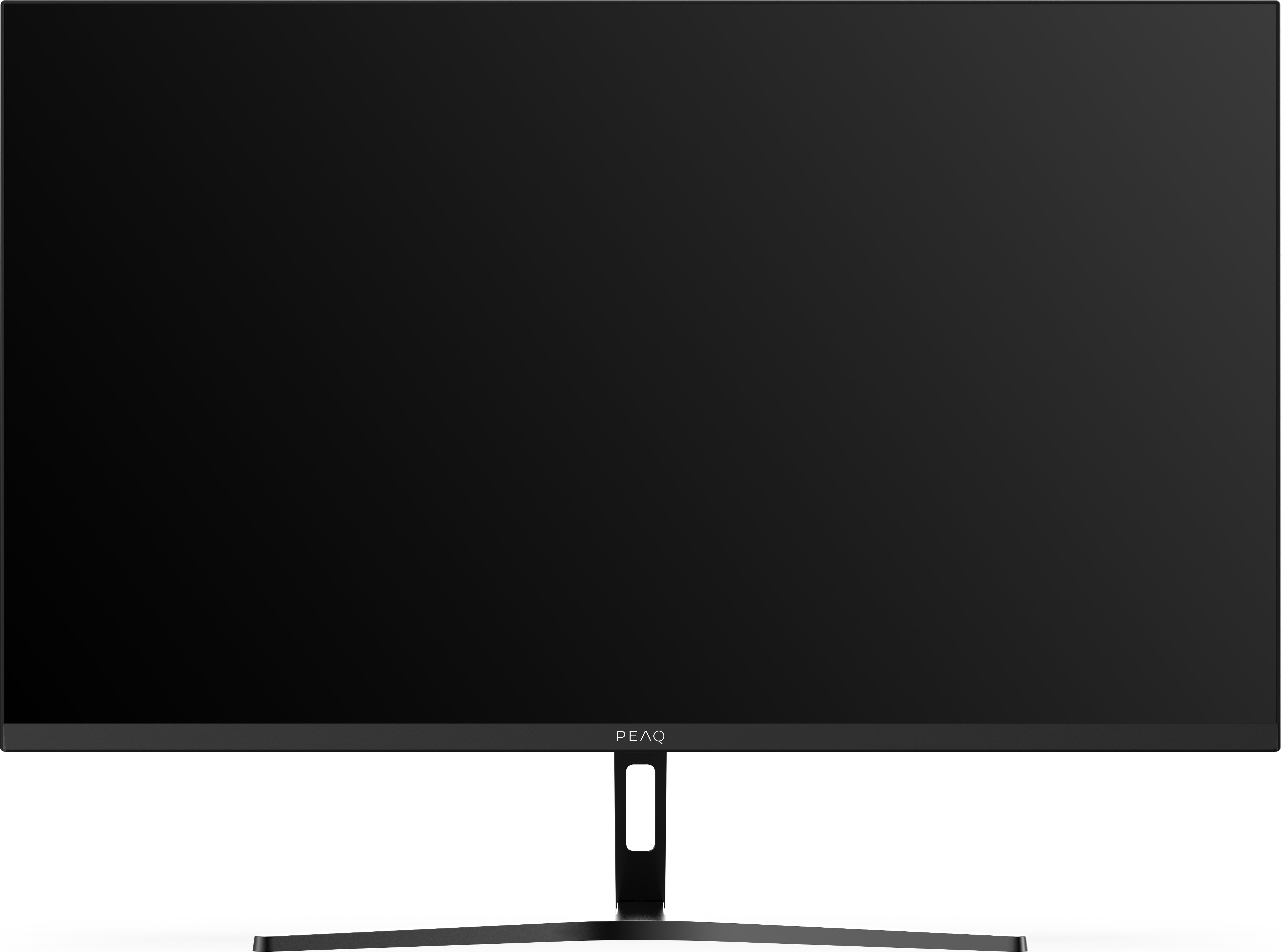 Un moniteur PEAQ noir. L'écran est noir. Le support est argenté et noir.