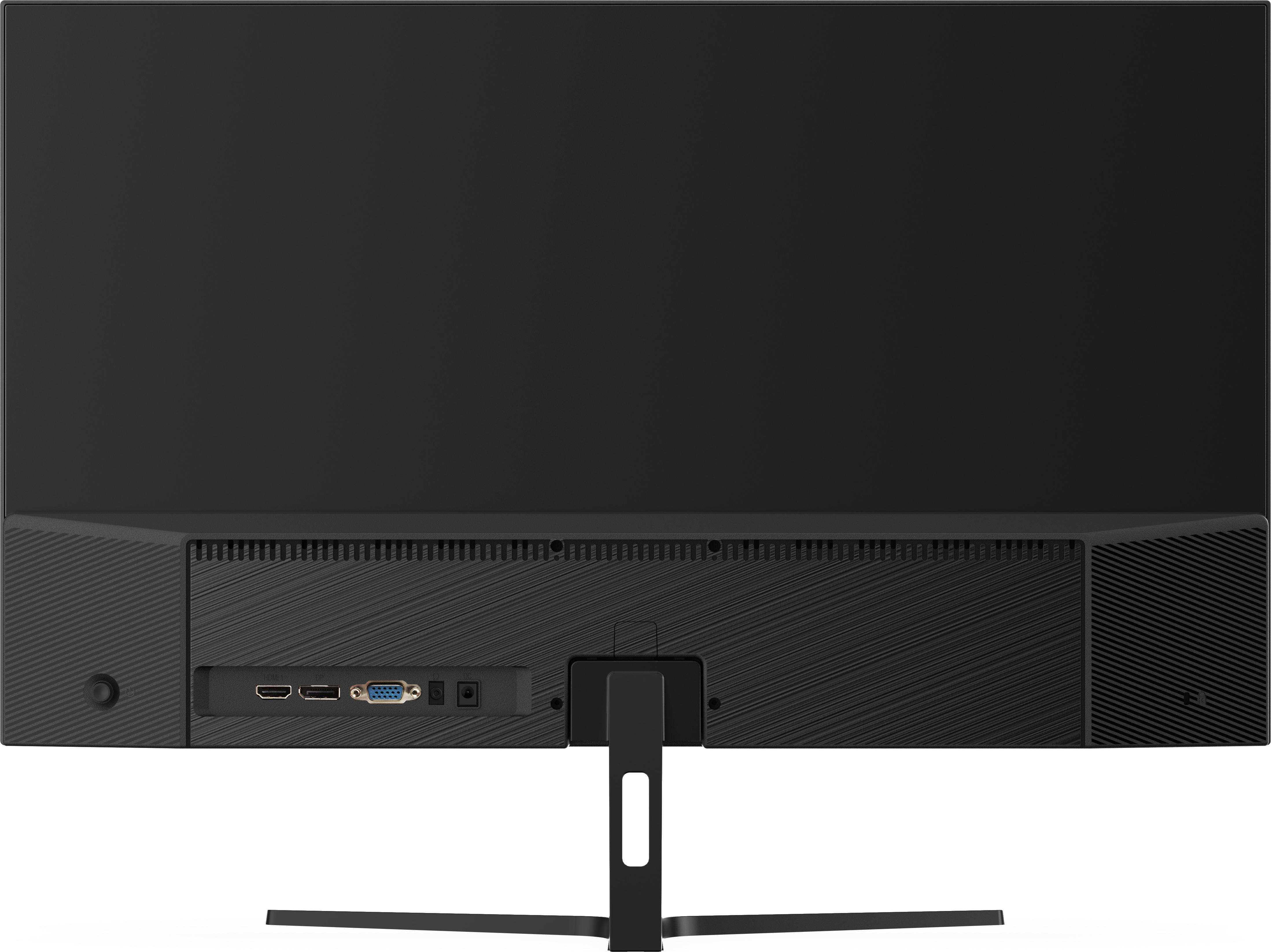 Arrière du moniteur. Ports : HDMI, VGA, audio. Plastique noir texturé. Support métallique. Fond blanc.