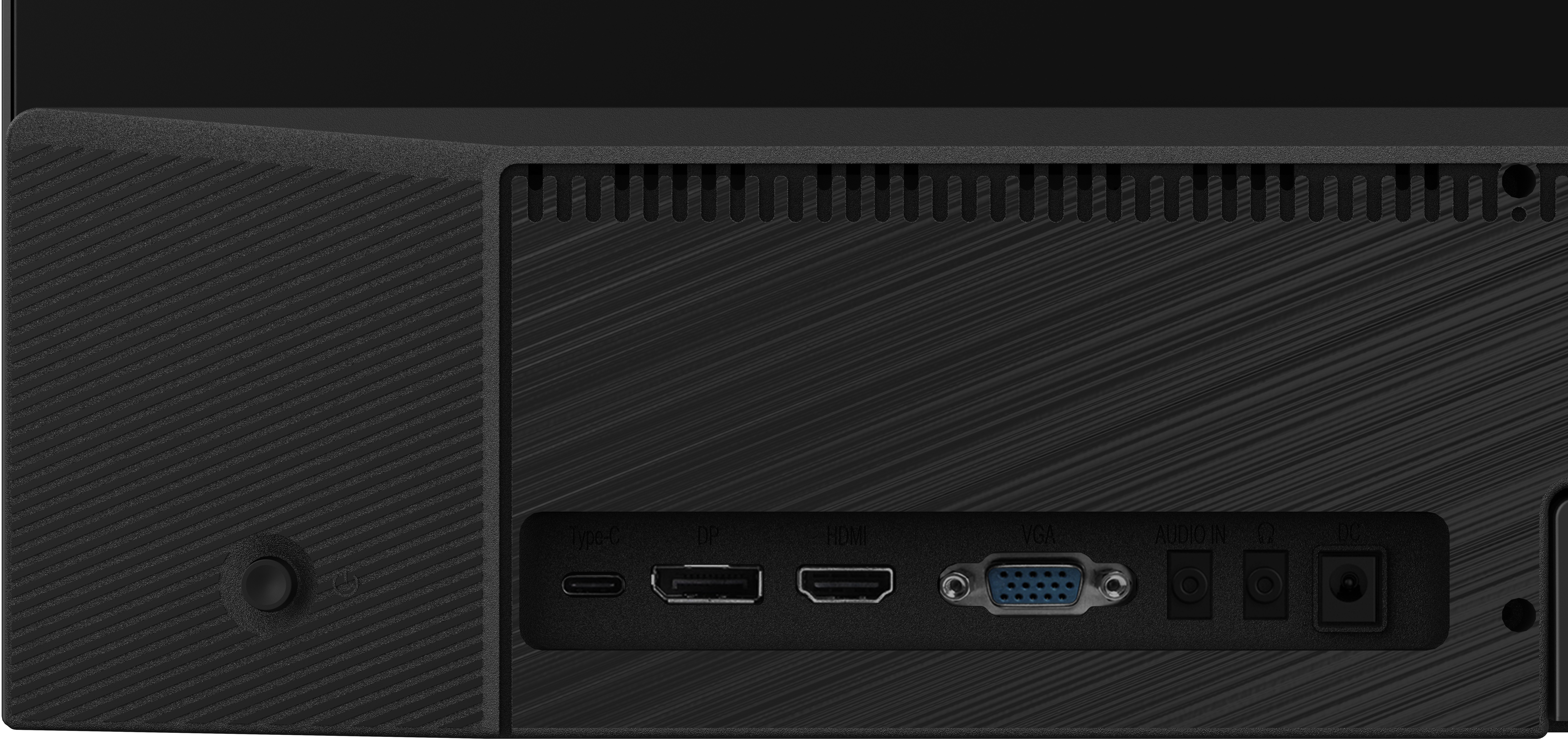 Le panneau arrière d'un moniteur d'ordinateur noir, avec différents ports : USB-C, HDMI, VGA et entrée d'alimentation.