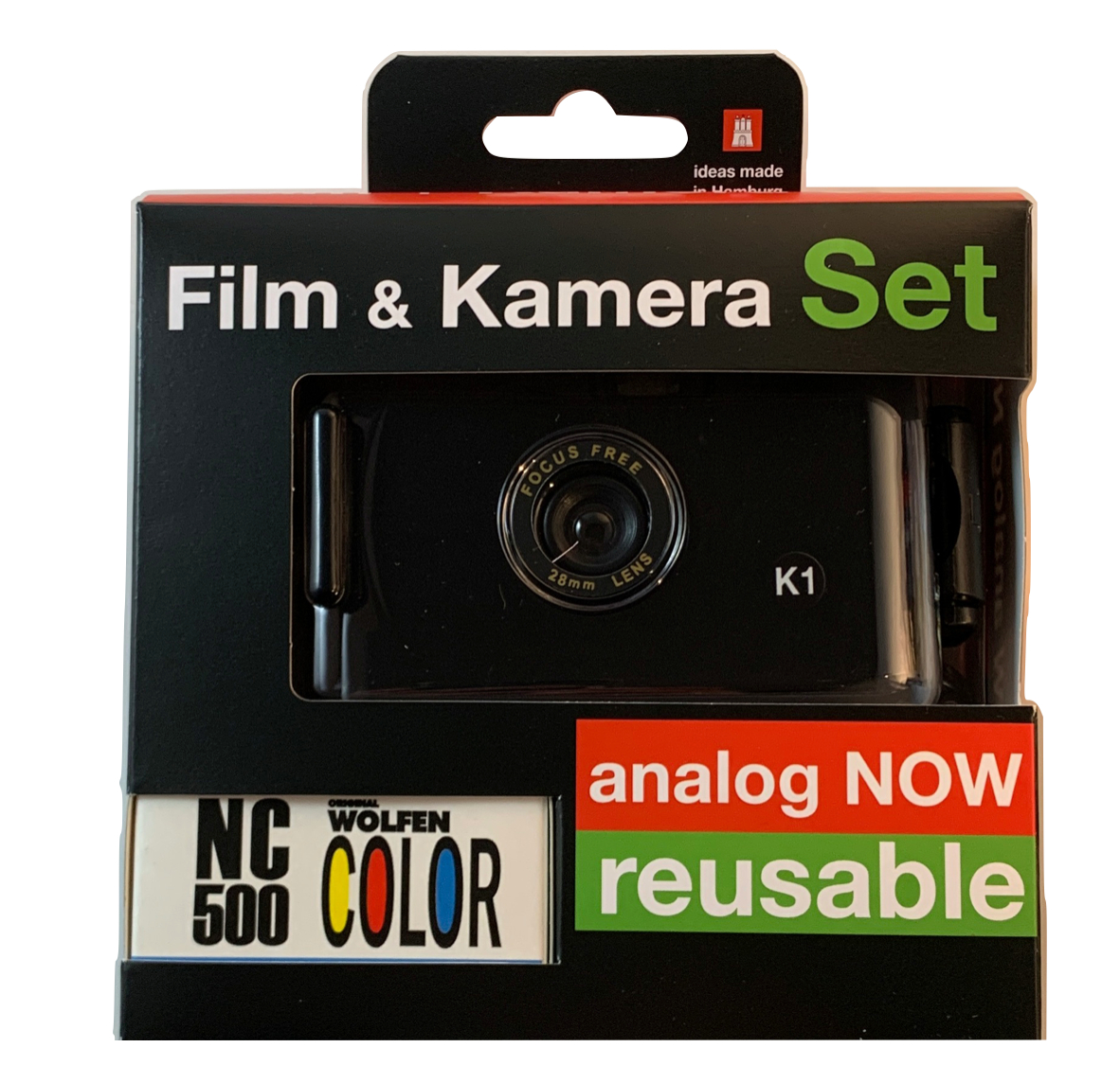Ein schwarzes Filmkamera-Set in einer Box mit den Worten 'Film & Kamera Set' und 'analog NOW reusable'.