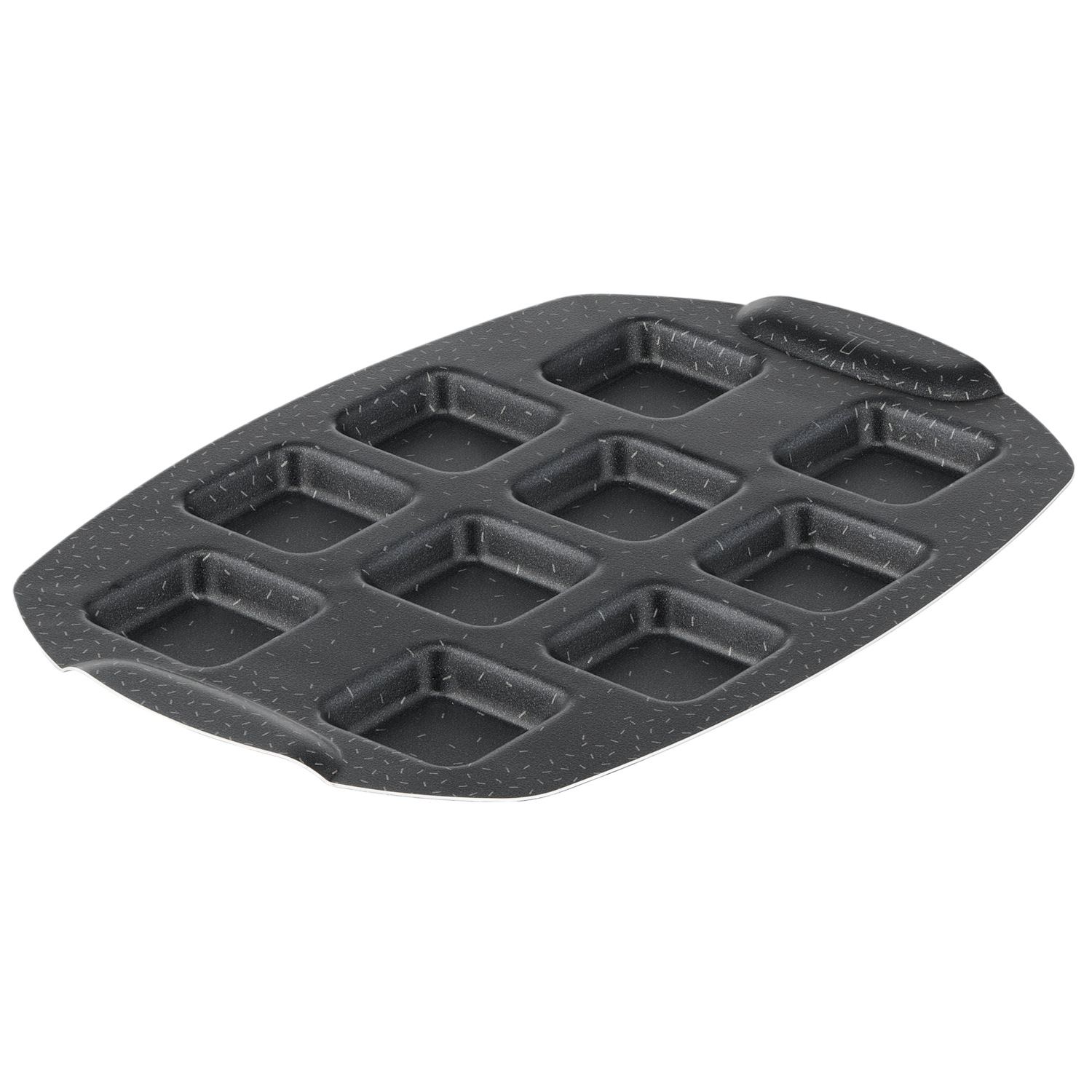 Zwarte anti-aanbak brownie-pan met negen vierkante holtes om in te bakken.