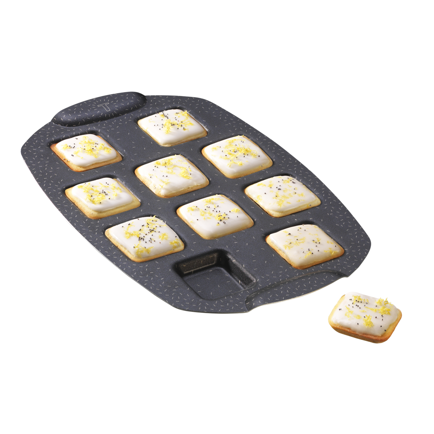 Bakvorm met vierkante cakes, geglazuurd, met citroenschil.